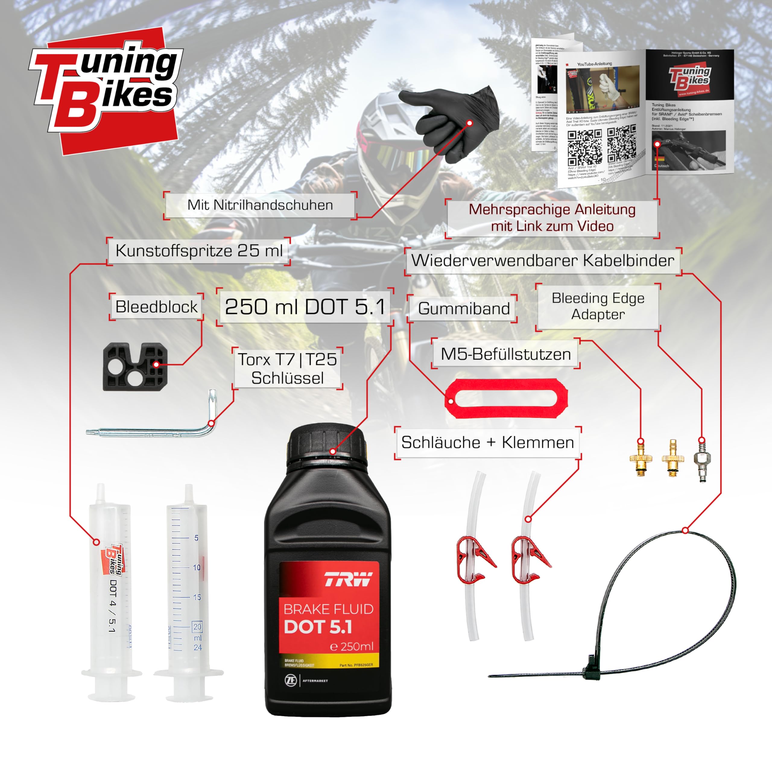TB Entlüftungskit für SRAM/AVID Scheibenbremsen (Inkl. Bleeding Edge) – Komplettes Set inkl. DOT 5.1 Bremsflüssigkeit, Anleitung & Bleedblock für Bremsen wie Avid Elixir SRAM Code etc.