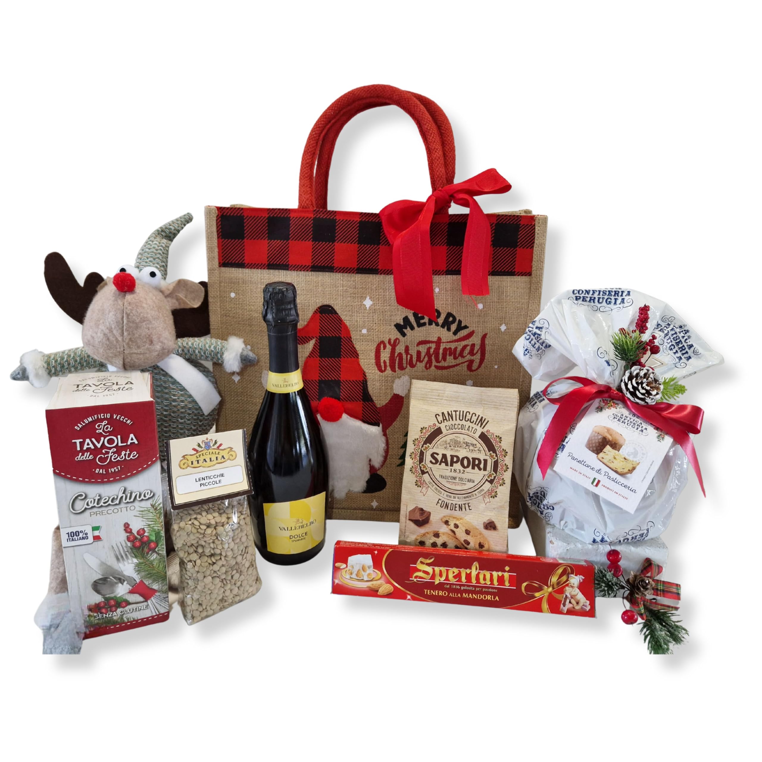 Cesti Natalizi Speciale Italia – Confezione Regalo Alimentare Borsa di Natale, Cesto Natalizio con Panettone da 500g, Spumante e Prodotti Dolciari, 8 pezzi