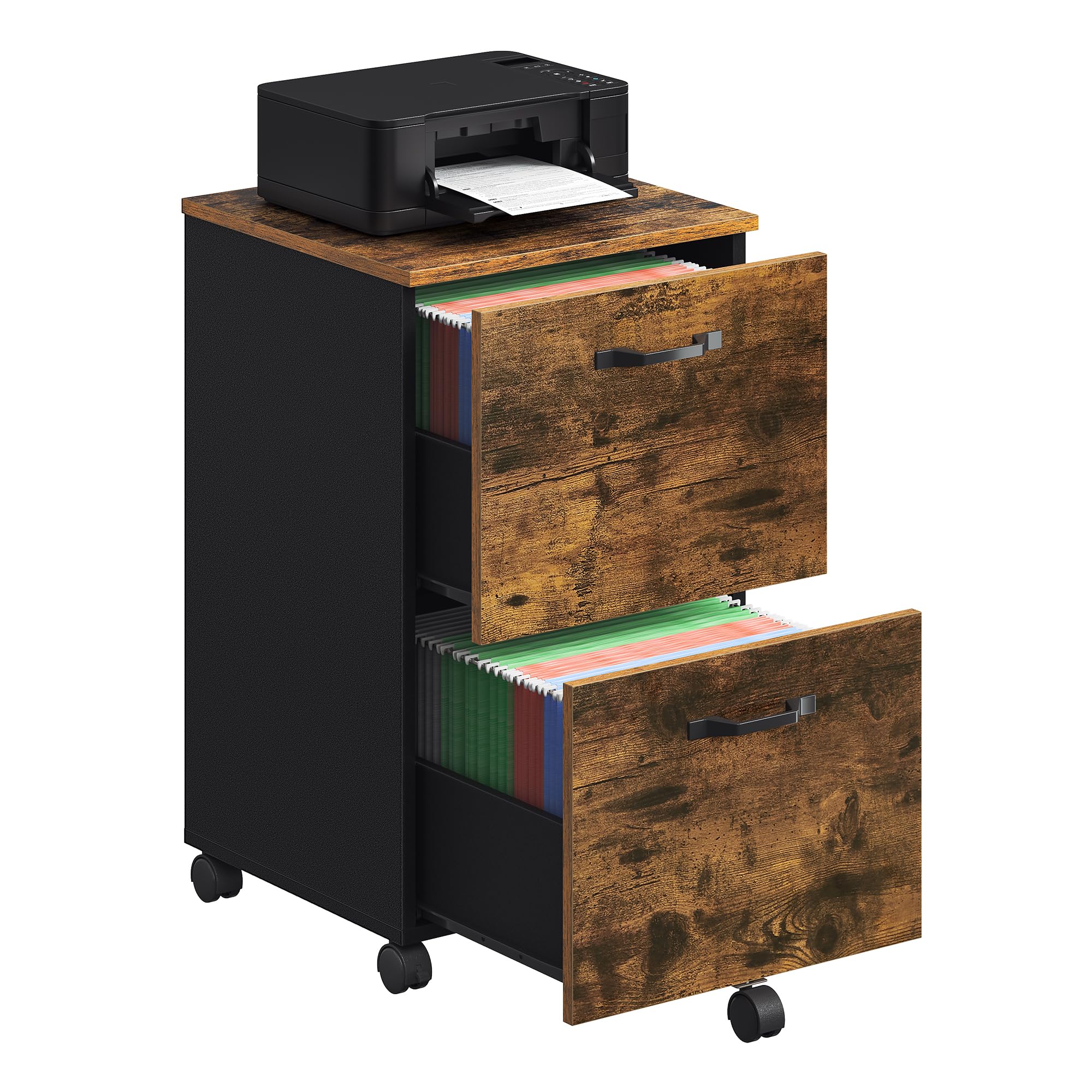 VASAGLE Cassettiera a 2 cassetti, credenza su ruote, per documenti A4, cartelle sospese, stile industriale, marrone rustico e nero OFC040B01