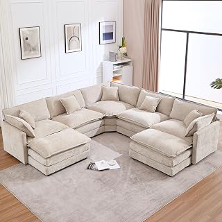 GNIXUU Cloud Couch Oversized Modular 7-Seater U-Shaped Sectional Sofa, Chenille Camel Fabric, Deep Seats & Movable Ottoman
