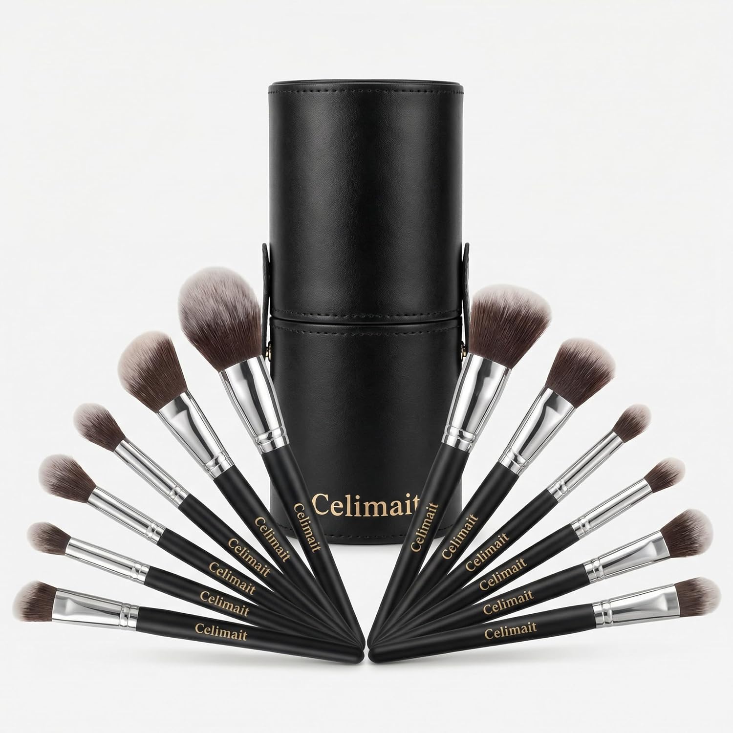 Celimait Makeup Brushes Set Professional & Beginner Friendly with Uniquely Designed Case, Soft Synthetic Bristles for Foundation Contour Blush Concealer Highlight Blending Eyeshadow, 12Pcs(Dark Black)