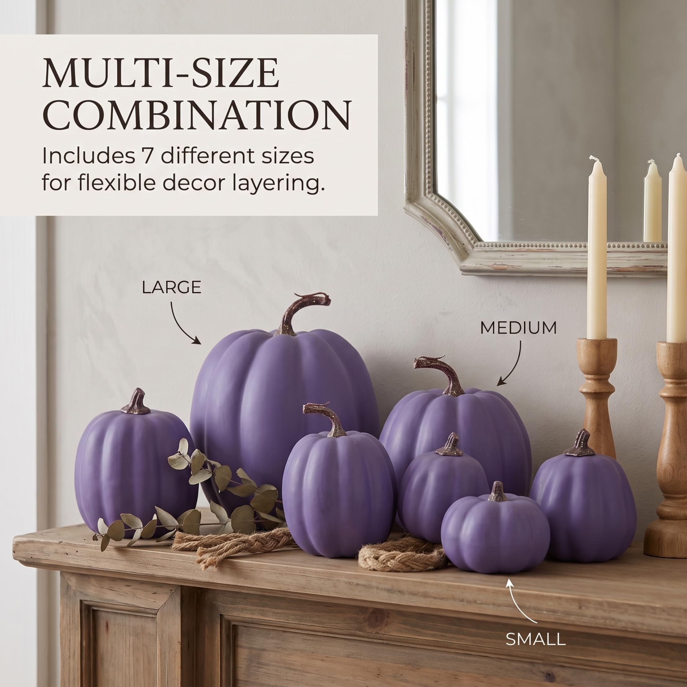 Calabazas Artificiales: 7 tamaños Variados Decoración de Calabazas de Halloween Púrpura