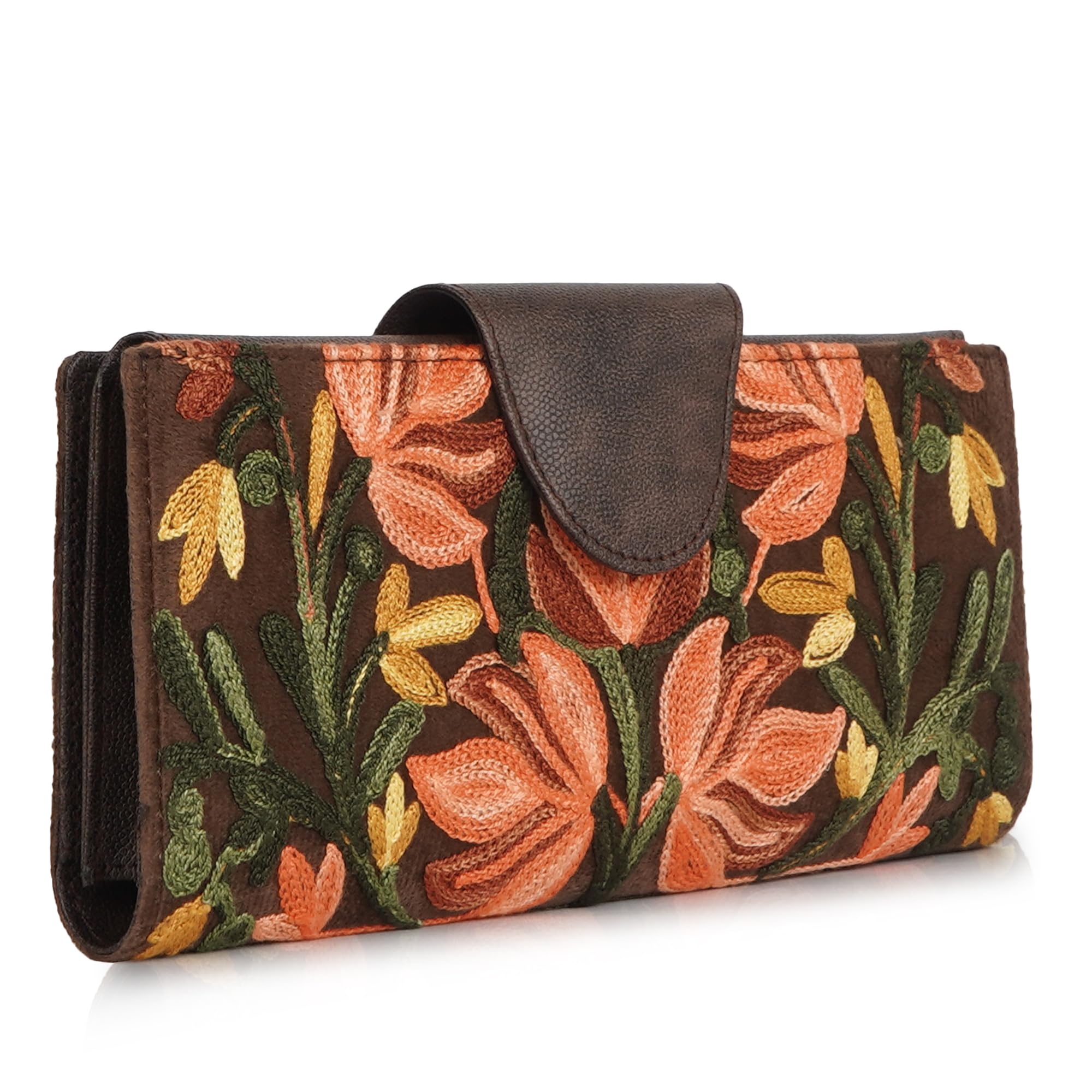 Floral Embroidered Wallet for Women, GreenPU Leather with Pink Flowers, Multi Compartment with Magnetic Button (Brown)-image-42