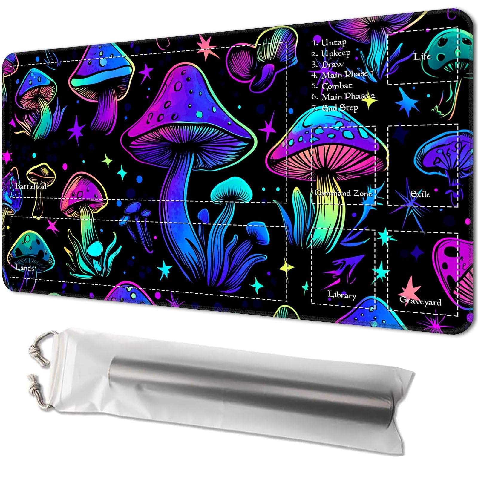 Playmat for MTG, Game Mat 24 x 14 inches, with Free Storage Bags, TCG and Board Game Mat for Cards, Ideal for Card Game Enthusiasts, Mushrooms