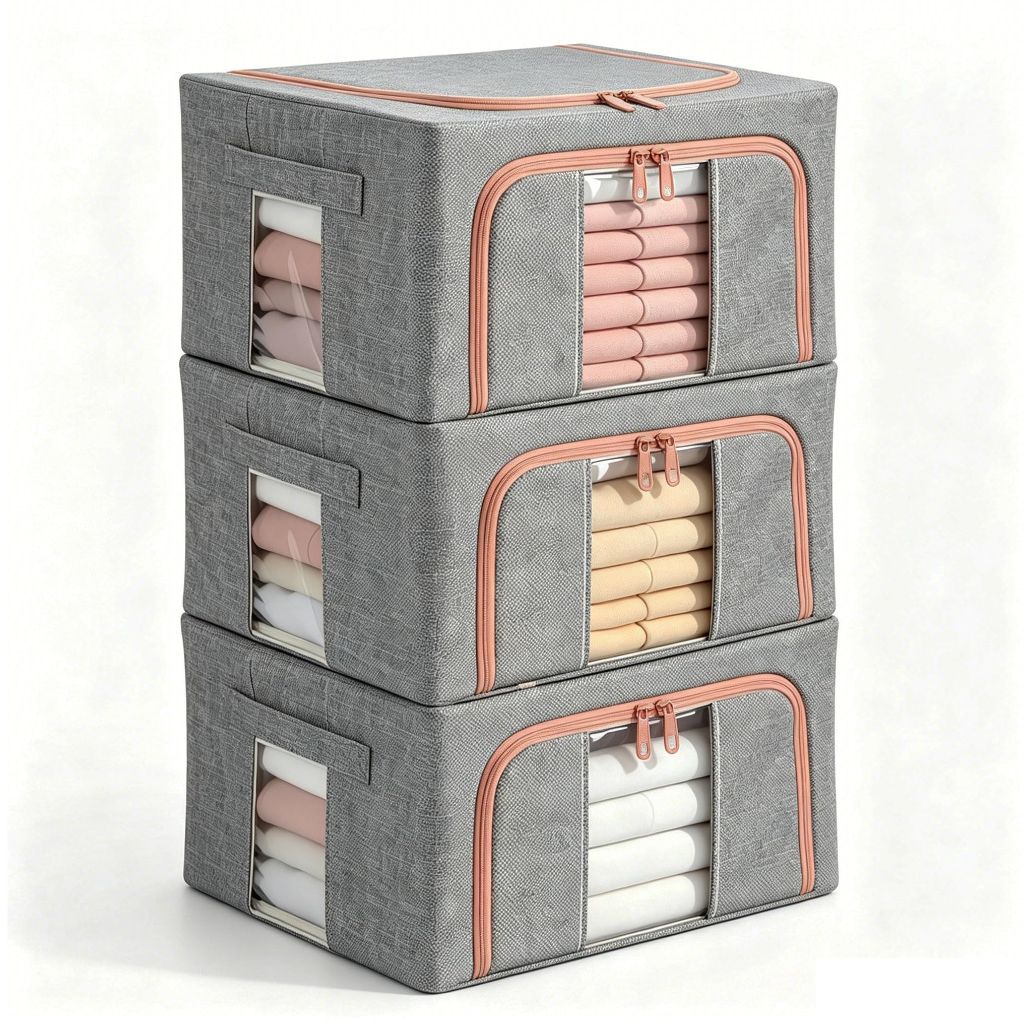 3Pcs 24L Storage Bags Boxes Organiser - Foldable Clothes Storage Bags with Lid , Clear Window & Reinforced Handle Under Bed Closet Wardrobe Box Moving Bag Packing Box for Towel Duvet Sweater Bedding
