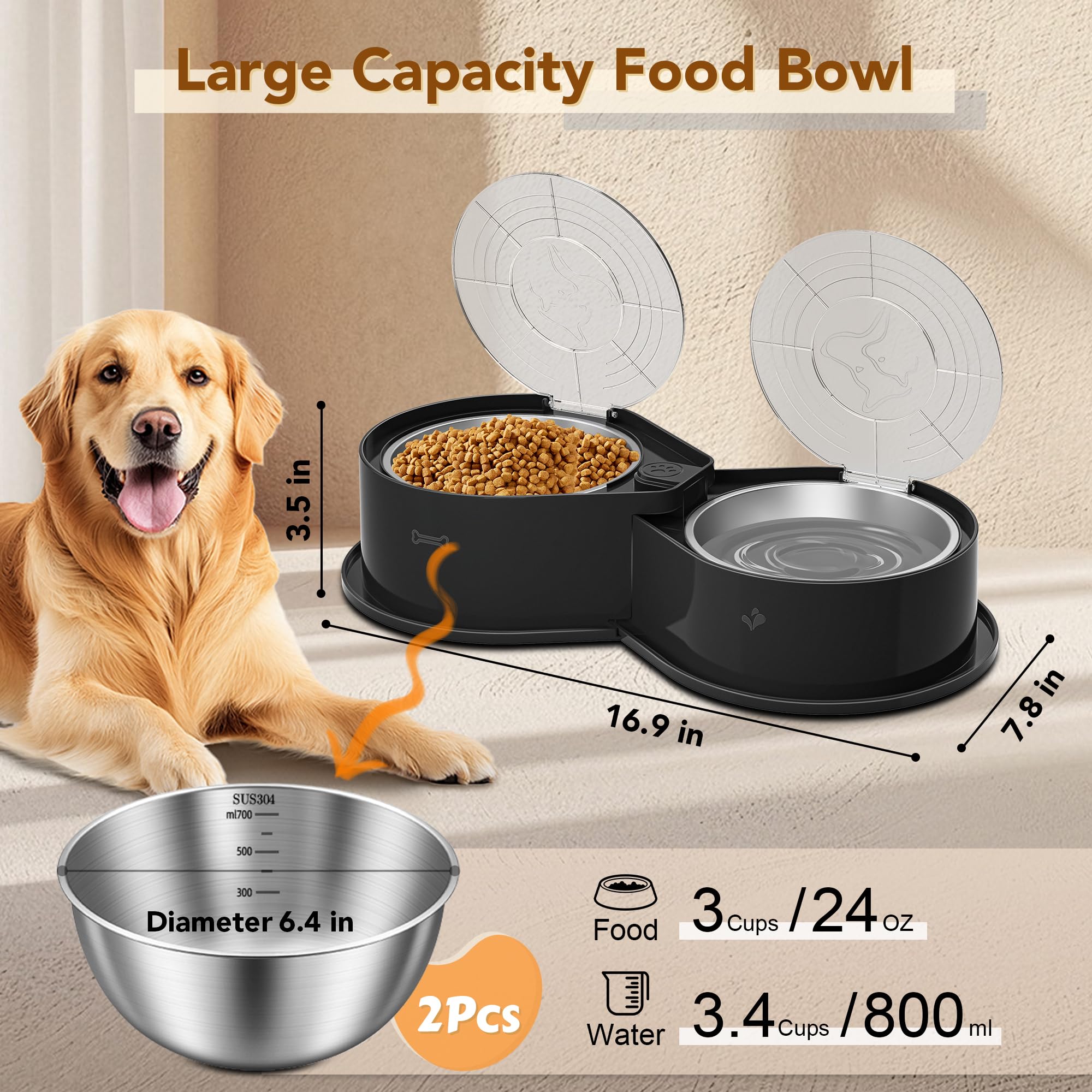 Newget Juego de Cuencos de Acero Inoxidable con Tapas, Cuencos Dobles de Metal 304 para Alimentos y Agua para Perros y Gatos, comedero para Mascotas de Gran Capacidad con Cubierta Que Mantiene la