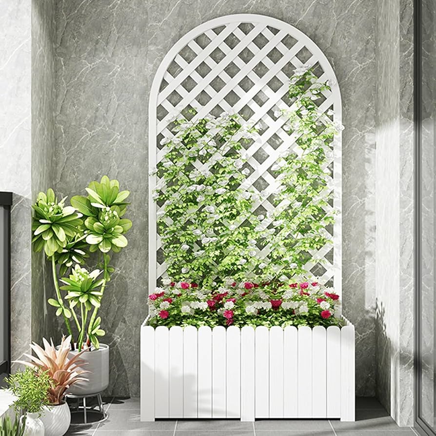 ◯３個セット 木製ラティスフェンス付きフラワースタンド 3段ホワイト 木製 フラワースタンド ラティス フェンス ガーデニング 木目