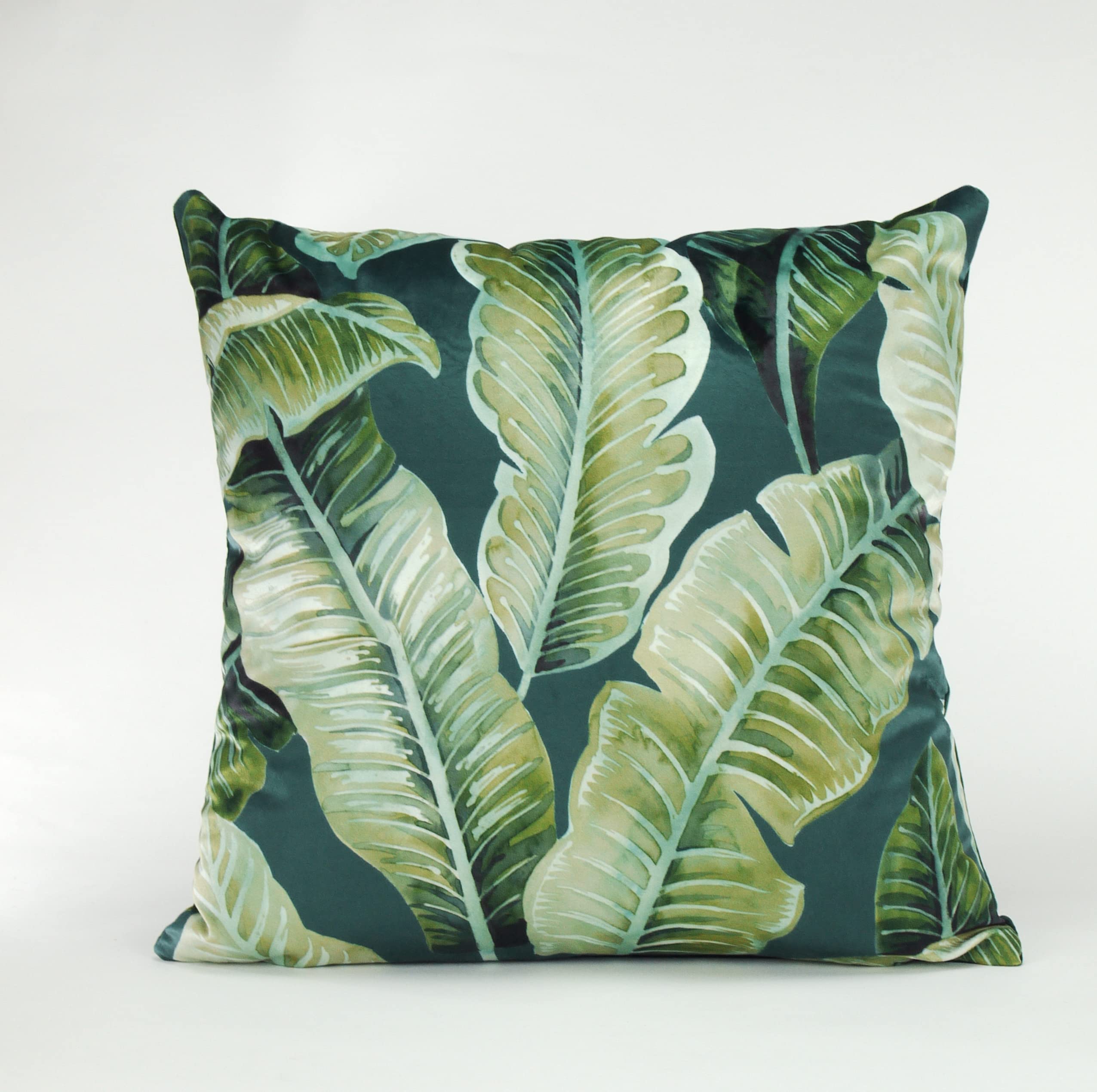 CB Home Printed Velvet Tropical Leaf Cushion Cover in Green with Plain Velvet Reverse