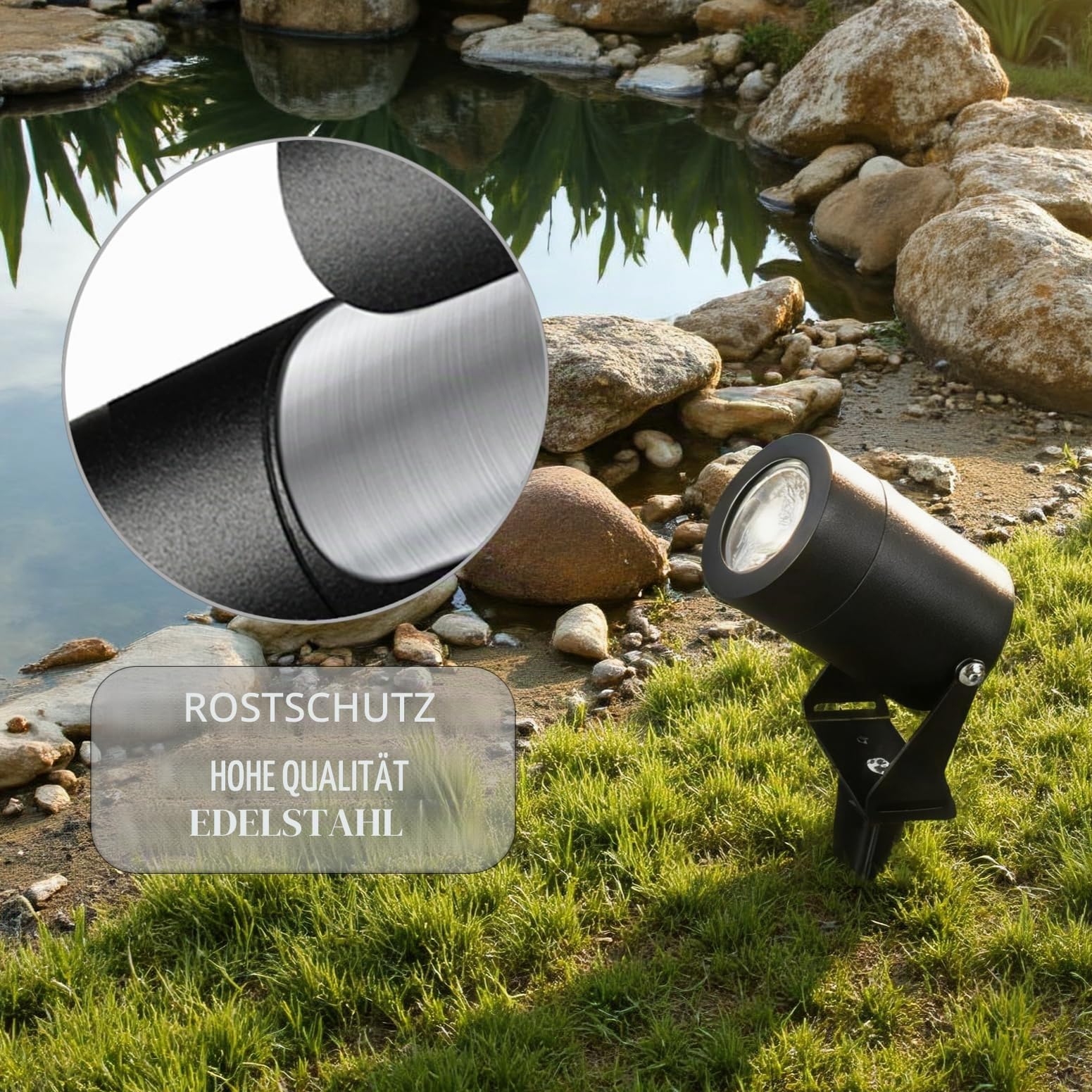 JNR Edelstahl LED Gartenbeleuchtung mit Strom und Erdspieß, Schwarz 2 Pack | IP65 Wasserdicht Gartenlampen für Draußen Strom mit 2M Kabel Kein Stecker, Gartenleuchten 5W GU10 3000K Warmweiß Glühbirne