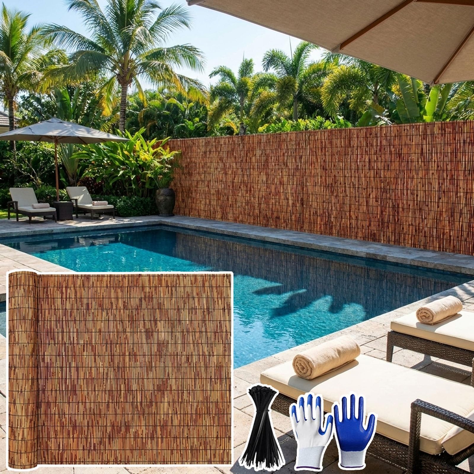 Arella in Bambù Naturale per Frangivista Balcone Terrazzo, Stuoia in Bambù Esterno Frangivento Ombreggiante 85% Anti-UV per Giardino Copertura Privacy Piscina, Marrone(122x610cm(4x20ft))