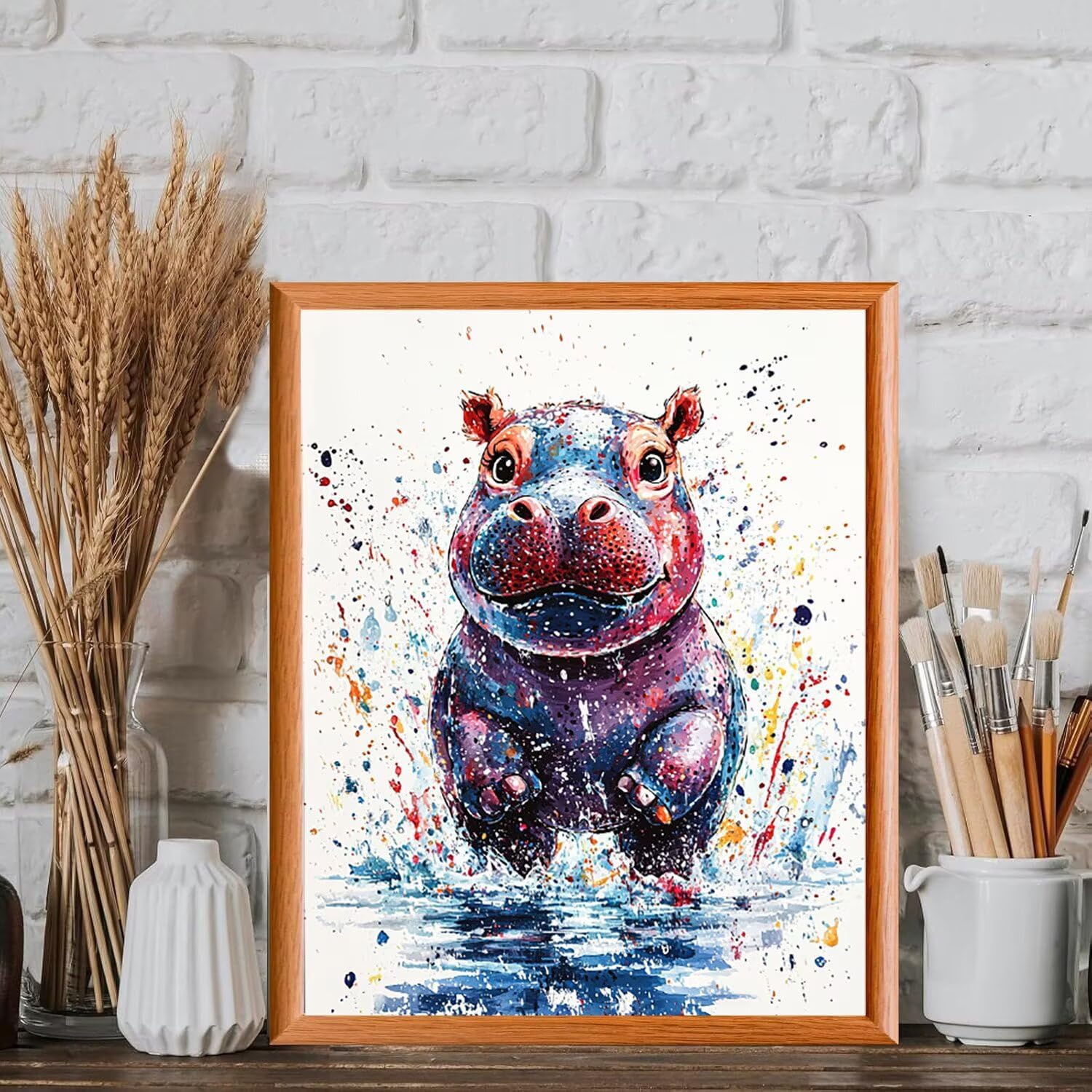 WEISHIWE Malen nach Zahlen Erwachsene Süßer Nilpferd, 70x90cm x-538 | Malen nach Zahlen Erwachsene Leinwand Kit, DIY Handgemalt Ölgemälde Set mit 3-Pinseln und Acrylfarbe für Wanddeko,Ohne Rahmen