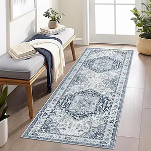 Madane Washable Runner Rug 2x6, Ultra-Thin Non-Slip Non-Shedding Hallway Runner, Stain Resistant Kitchen Mat Entryway Carpet Runner, Vintage Pet Friendly Low Pile Runners (2x6ft, Navy/White)