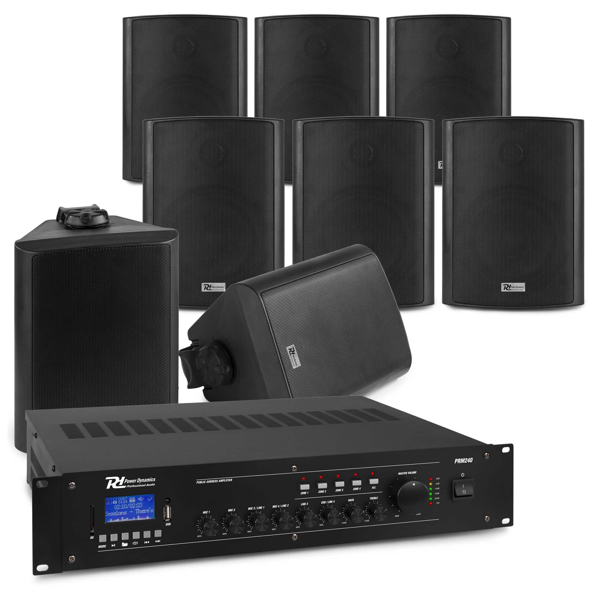 Power Dynamics Lautsprecher Set mit PRM240 Verstärker & 8X BC65V - 240 Watt, 4-Zonen, 100V IPX5 Wandlautsprecher, Bluetooth, USB/SD, für Gastronomie, Terrassen, Shops - Komplettsystem