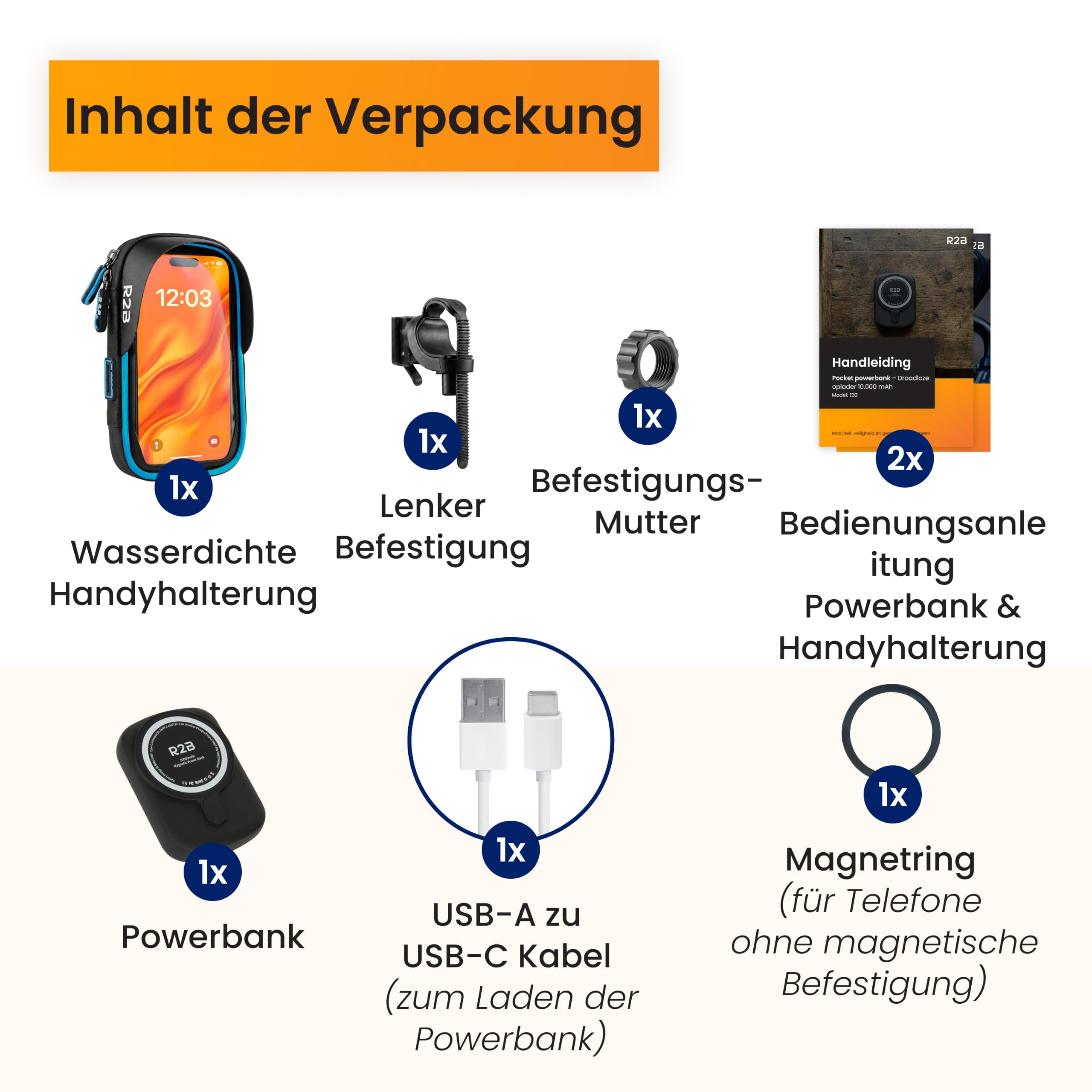 R2B Wasserdichte Handyhalterung Fahrrad mit Powerbank passend für Magsafe - Mit Zusätzlichem Staufach, Telefonhalter für Mountainbikes, Motorrad und Kinderwagen, 360-Grad-Rotationsfunktion, Einfache
