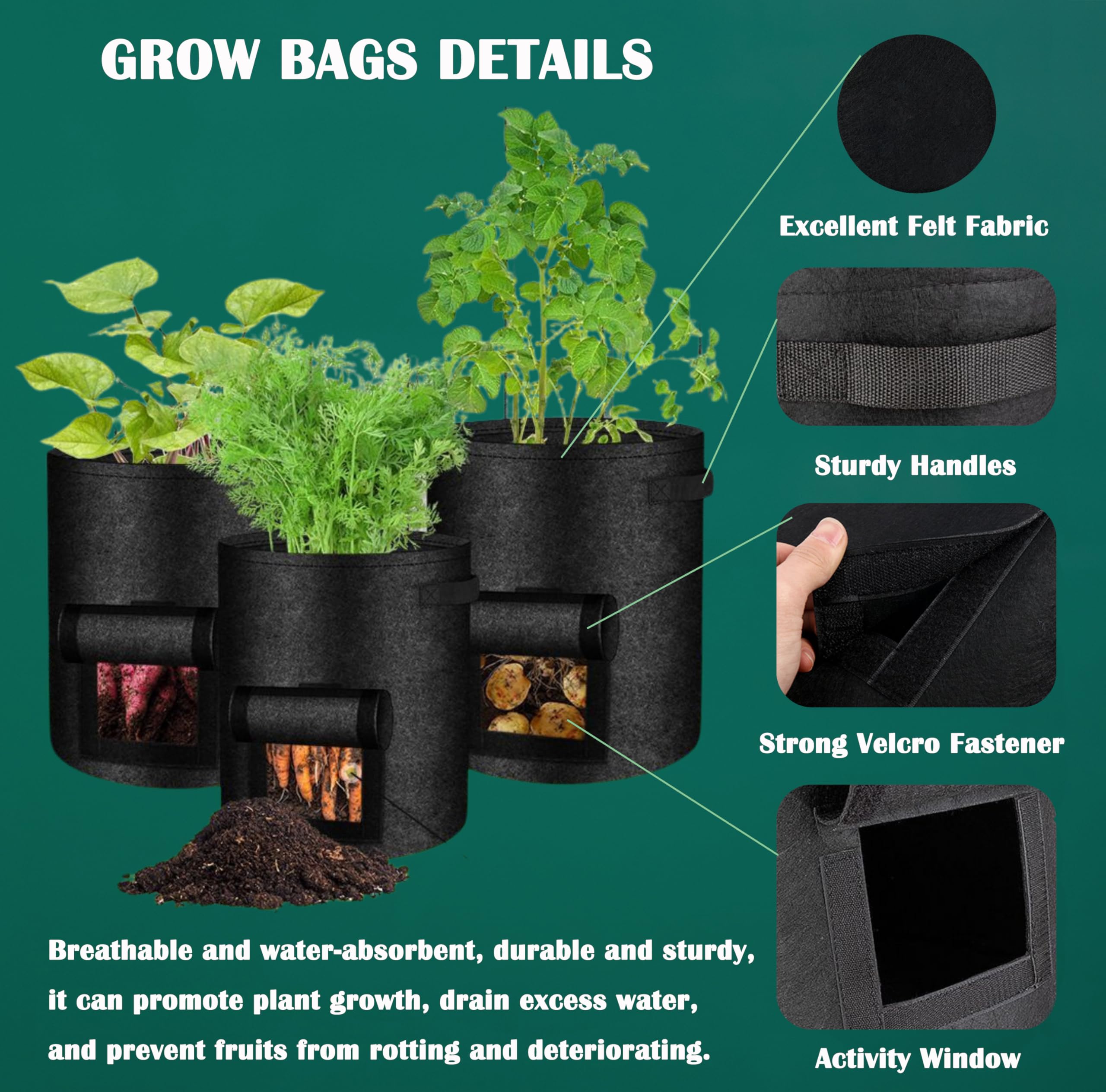 Lot de 5 sacs de culture pour pommes de terre de 38 litres - Sacs de culture avec poignées et rabat transparent pour pommes de terre, carottes, tomates et autres légumes