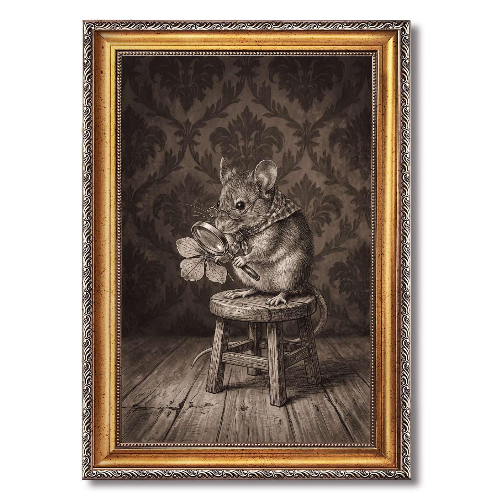 Cuadro decorativo vintage enmarcado con un ratón investigador y una lupa, i