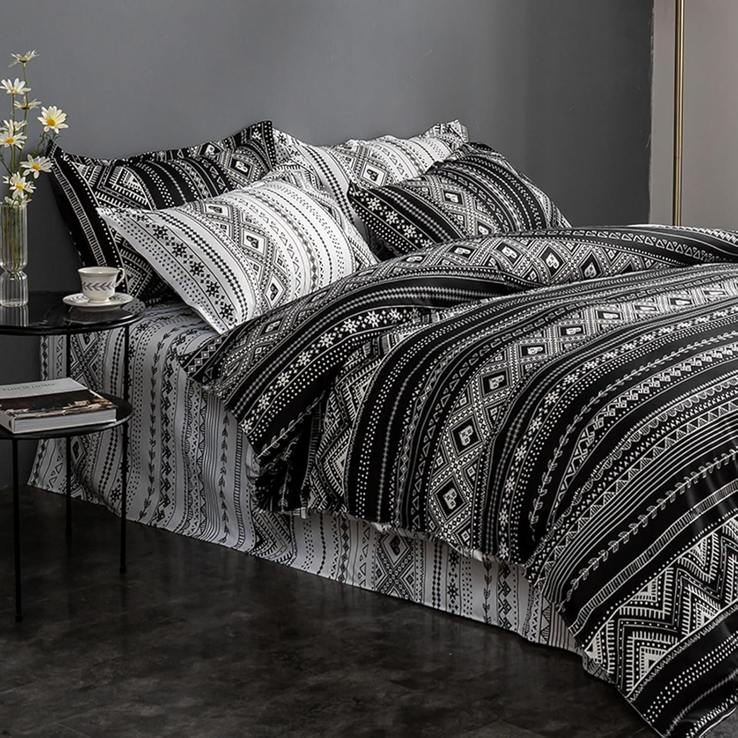HALOZI Duvet Cover Set Twin Size Black/White Bohemian Stripes Reversible Luxury Soft Bedding Set Comforter Cover with Zipper Closure and Corner Ties (1 Duvet Cover+2 Pillowcases)(Twin（68X90） inch)