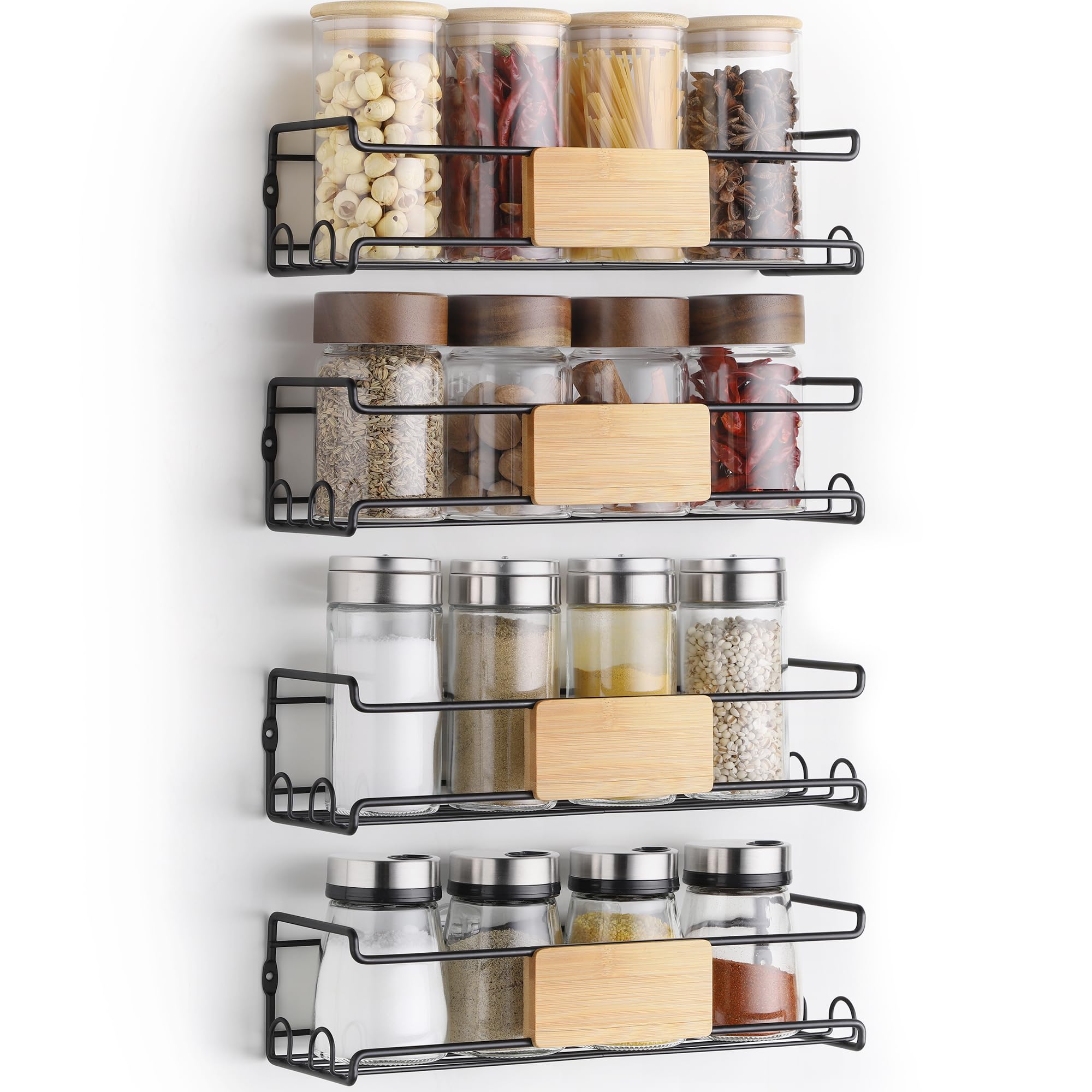 CACHOLIV 4-Pack Wall Spice Rack - Matte Black Spice Organization for Cabinet with Bamboo Plank - 2 Mounting Options Floating Shelves for Kitchen, Bathroom, Laundry Room, Pantry Organizers and Storage