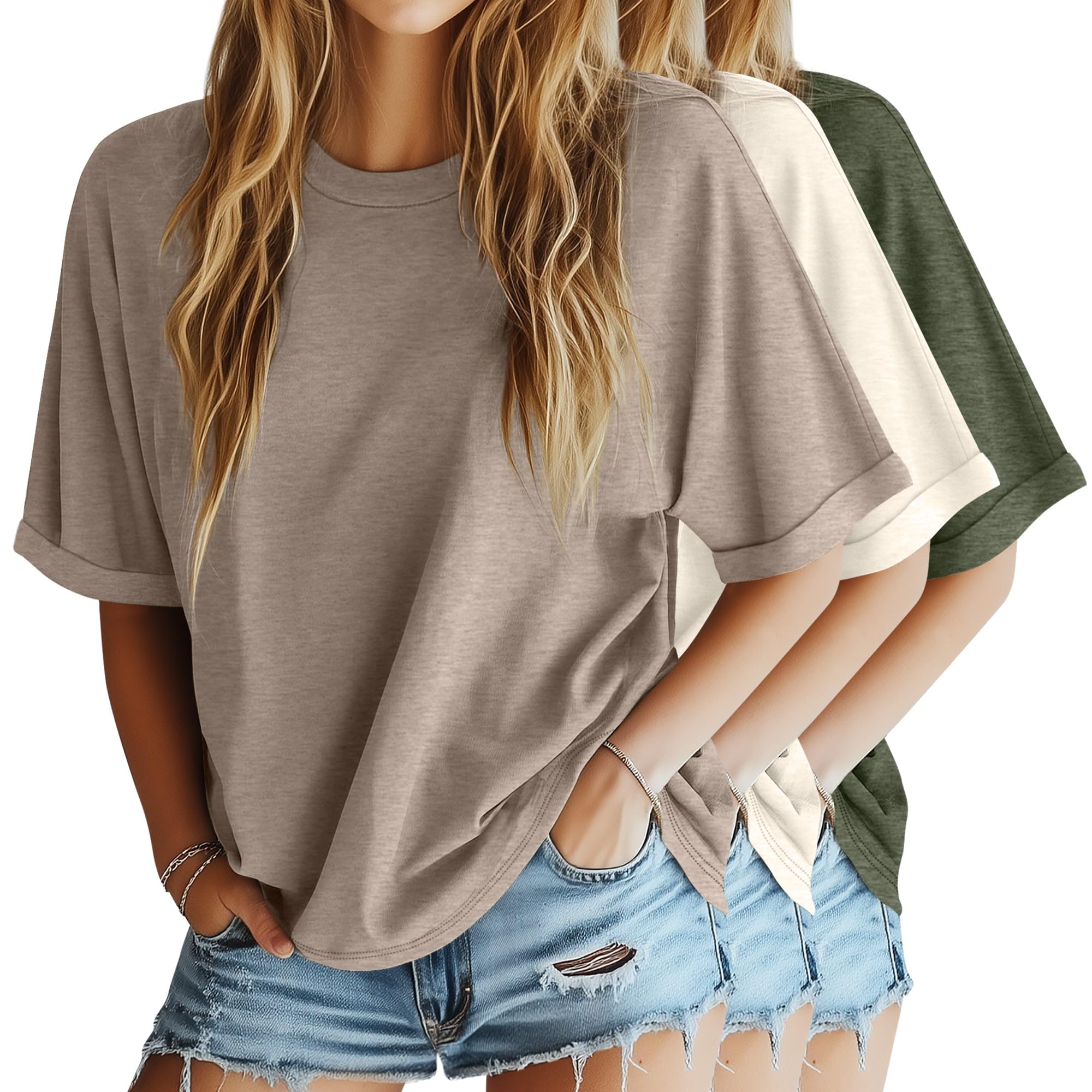 Riyiper 3 Pack Womens Oversized T-Shirt Half Sleeve Summer Tees Casual Loose Fit Crew Neck Basic Tops