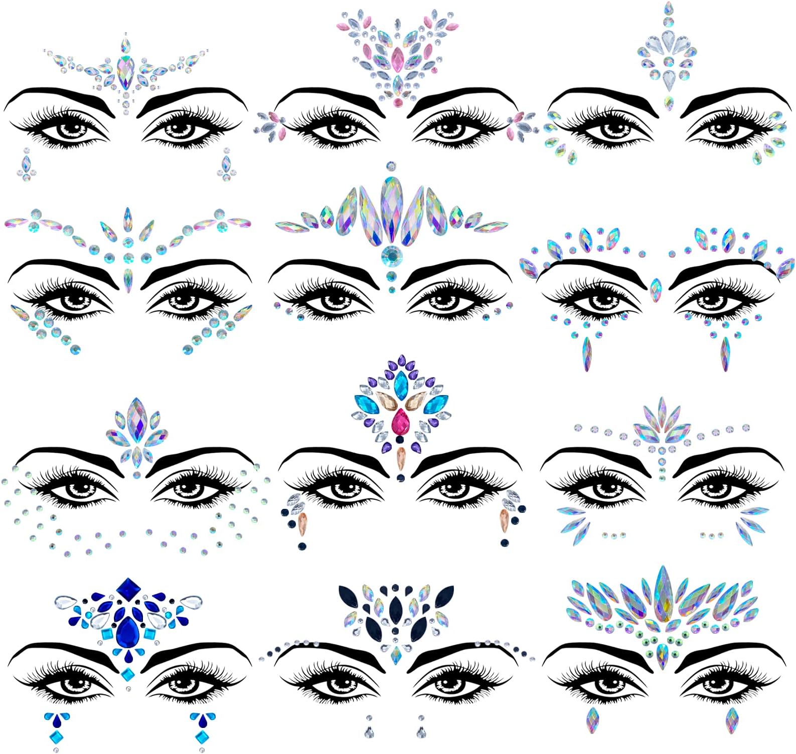 12 Sets Face Gems Mermaid Face Jewels Rhinestone Rave Face Gems Temporary Tattoos Crystal Face Jewels Stickers for Race Carnival Festival Party