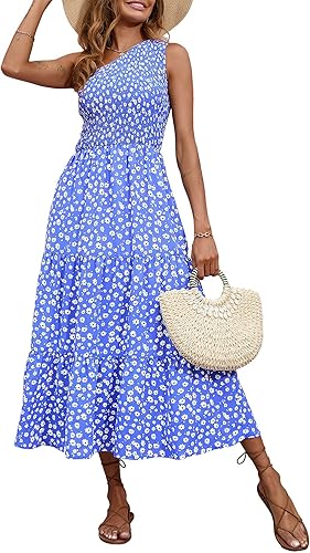 BTFBM - Vestido largo sin mangas para mujer con un solo hombro estilo casual con estampado floral cintura alta bohemio plisado con vuelo largo