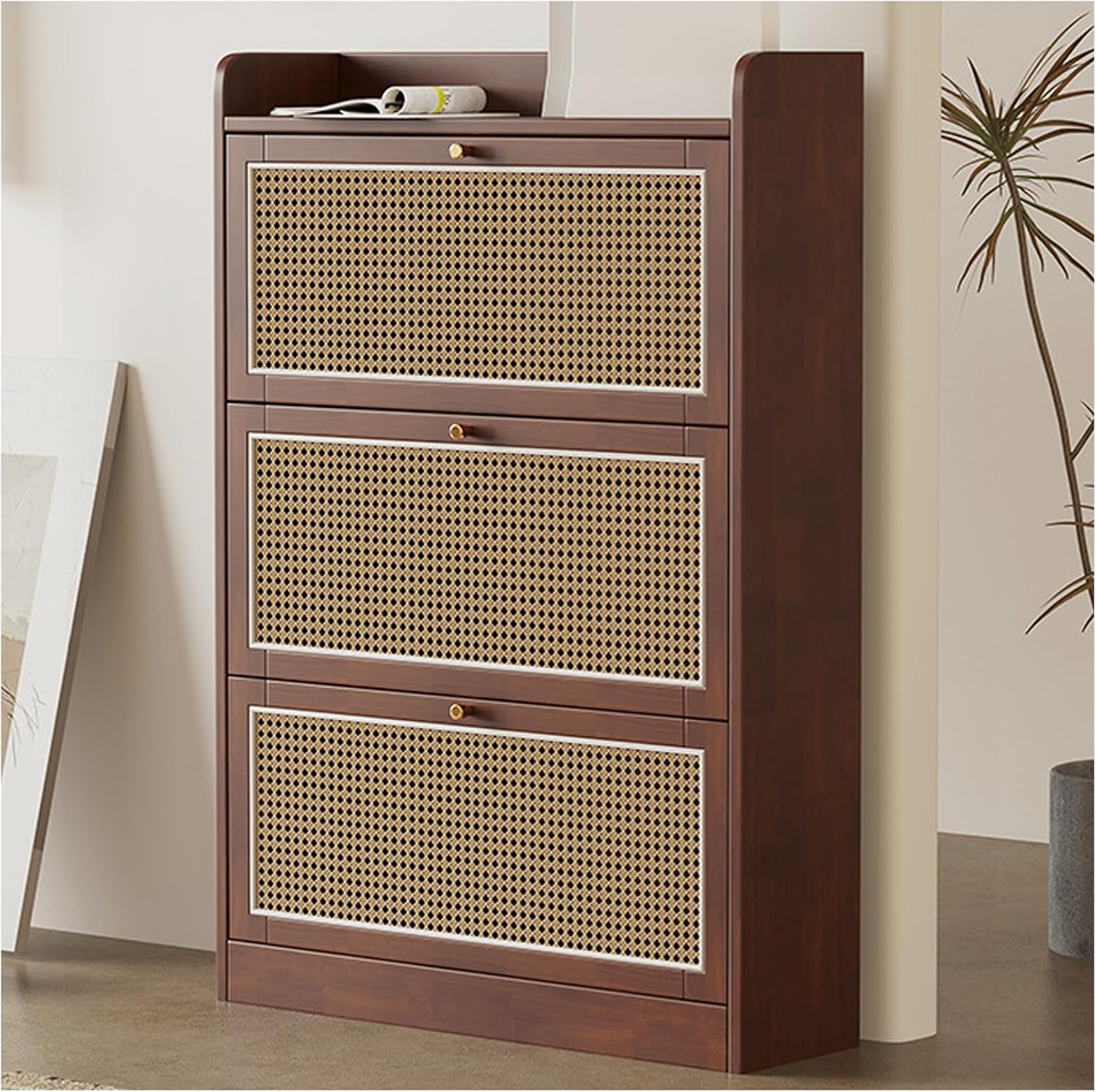 Shoe Storage Cabinet Cabinets Hallway Slim Cupboard Cupboards Hallways Slimline，Natural Rattan Shoe Cabinet with 3 Doors Shoe Rack Storage for 24 Pairs Stylish ShoeRubberwood 83 x 24 x 120 c