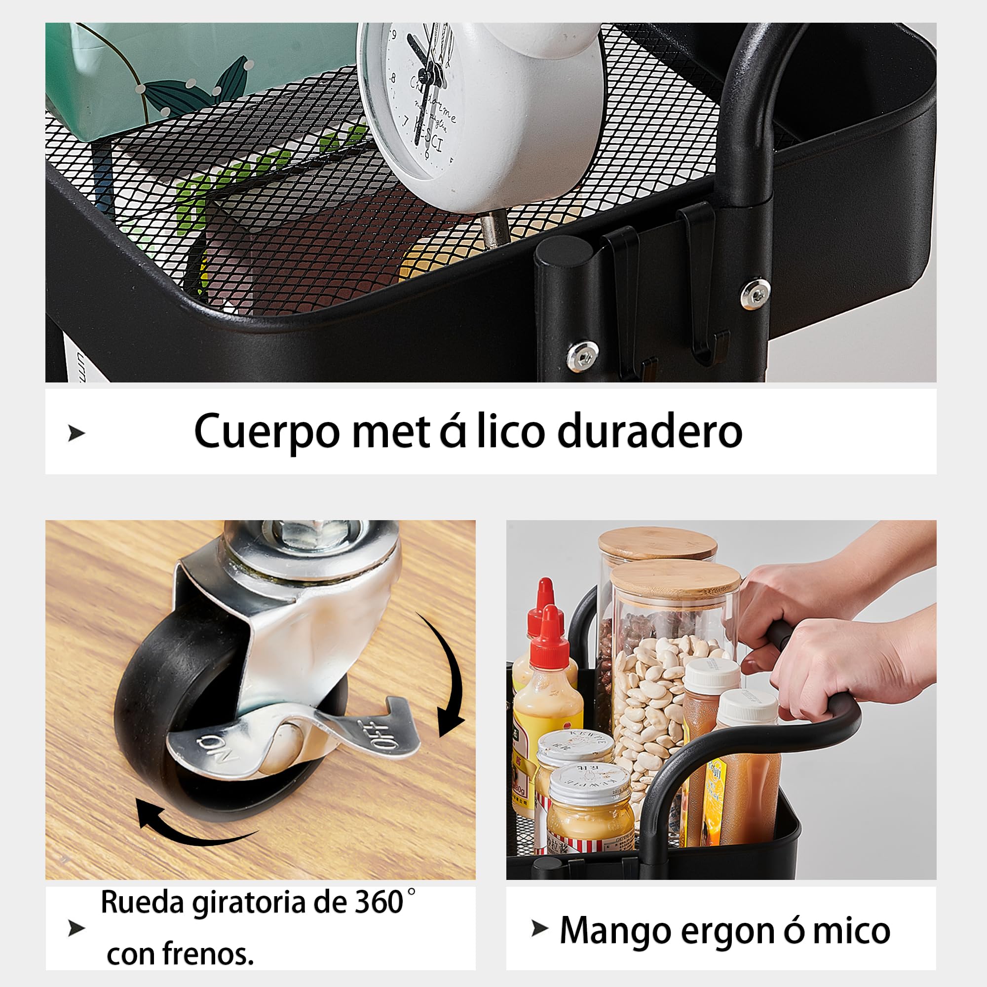 carrito auxiliar con ruedas,carrito organizador de cocina multiusos extraíble, Adecuado para baño y cocina, Negro
