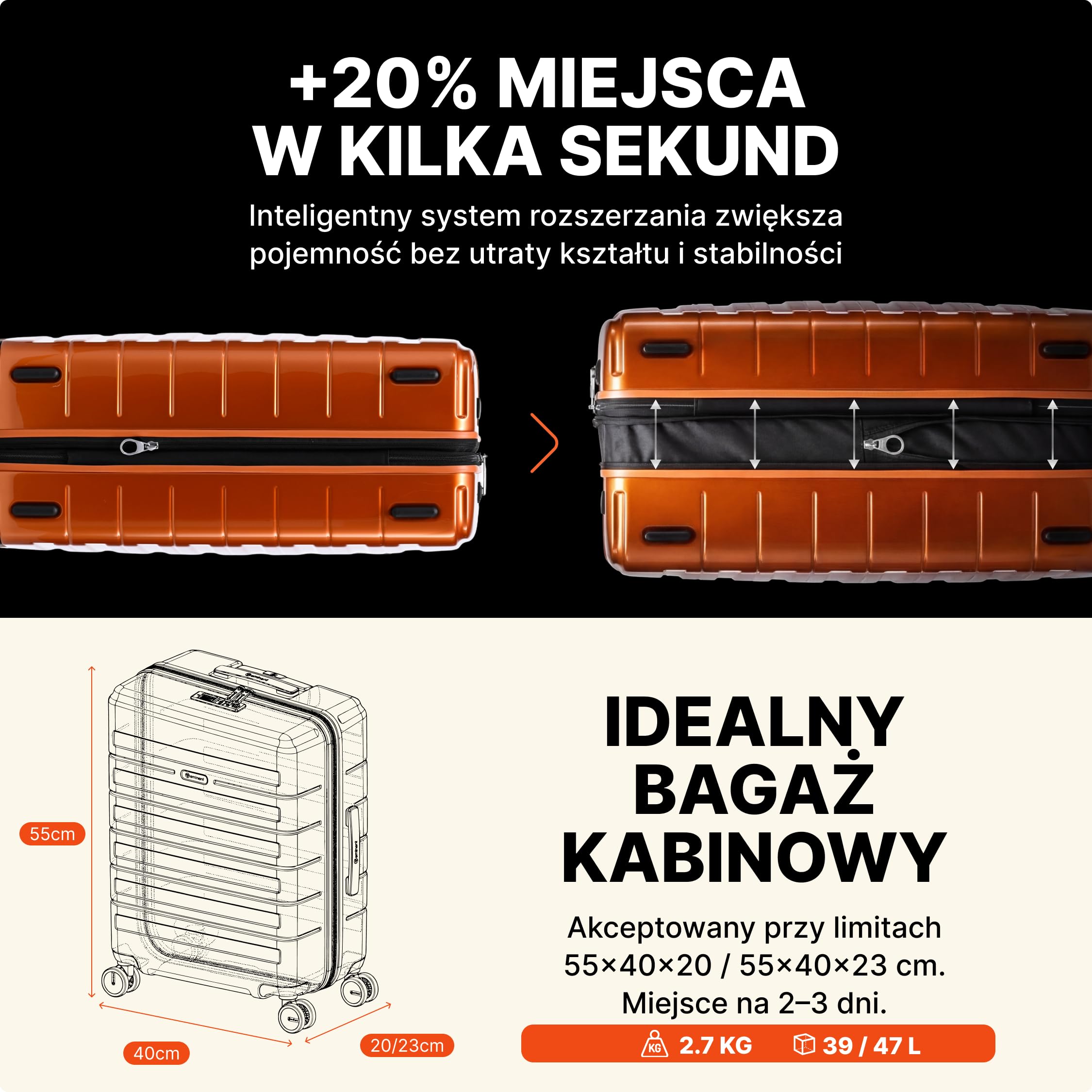 Eminent Voyager Walizka Kabinowa 55x40x20 Twarda, Bagaż Podręczny | Walizka kabinowa, bagaż podręczny, rozszerzana 55x40x20/23, zamek TSA, 4 kółka, 2,7 kg, 39L, poliwęglan, Pomarańczowy