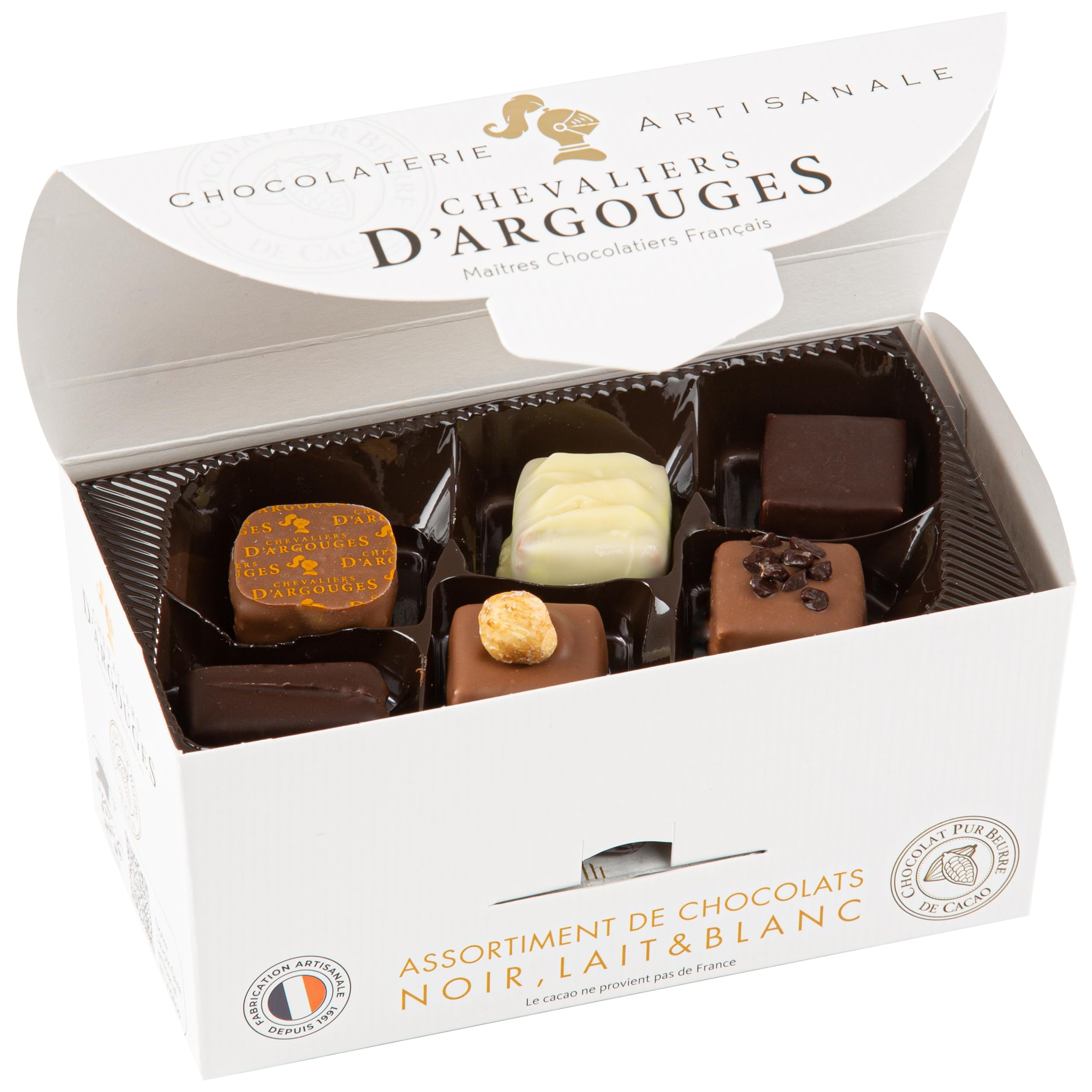 Chevaliers d'Argouges Assortiment de chocolats noir lait blanc Ballotin dégustation 175g