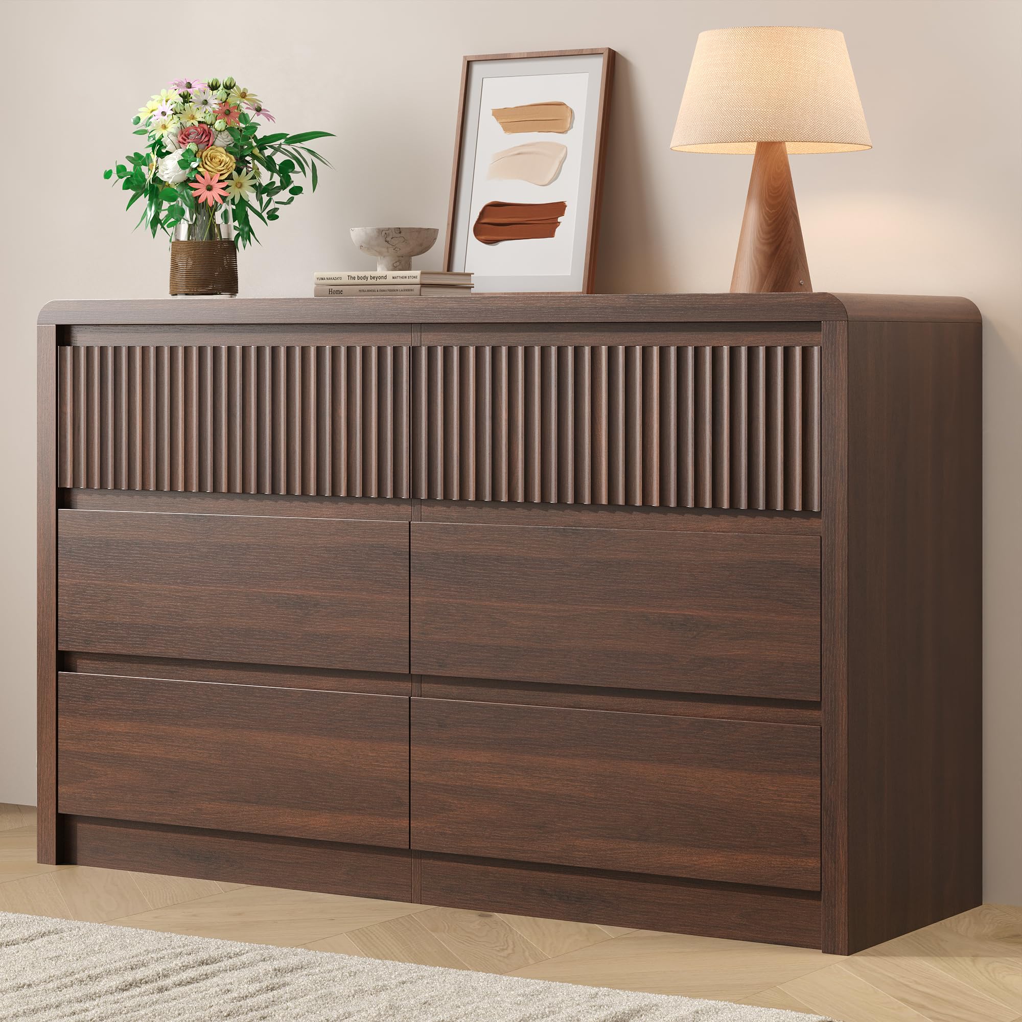 BAZELOR Fluted 6 Drawer Dresser, 50” Wide Chest of Drawers with Curved Profile