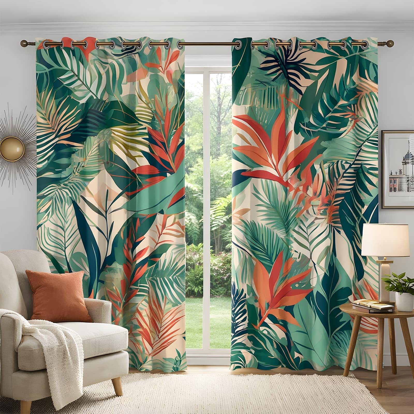 beige Rideau Occultant feuilles vertes tropicales Rideau Thermique Isolant Lot de 2 Pièces (2x140x225cm), 3D Rideau Fenetre pour Chambre Fille Enfant Garcon Rideau Separation de Piece con Oeillets,