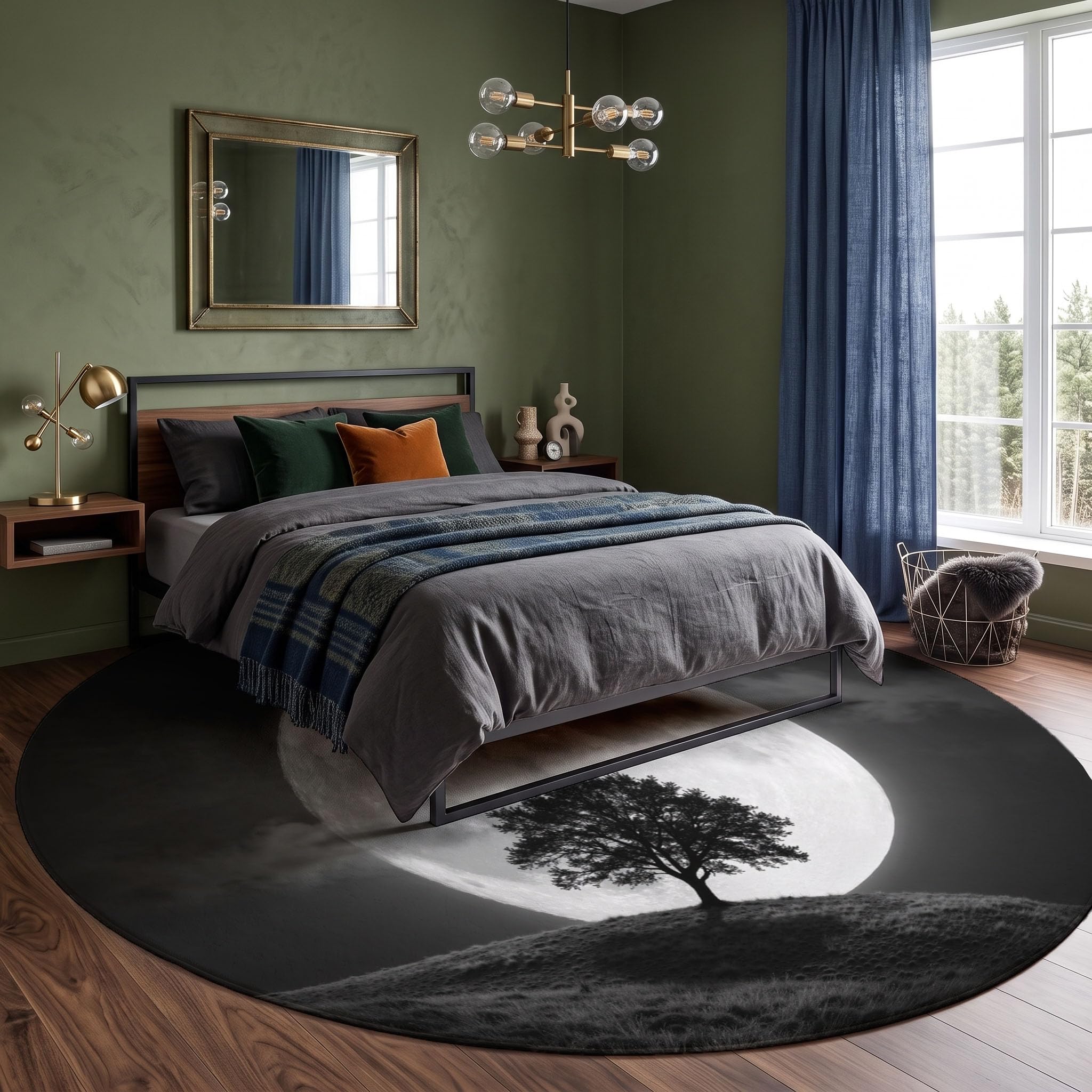 Tapis Rond 160cm Pleine Lune Arbre Solitaire Herbe pour Chambre | Art De Silhouette Rétro Rond Tapis Antidérapant Lavable en Machine Cuisine Salon Adulte Interieur Bureau Cuisine Decoration