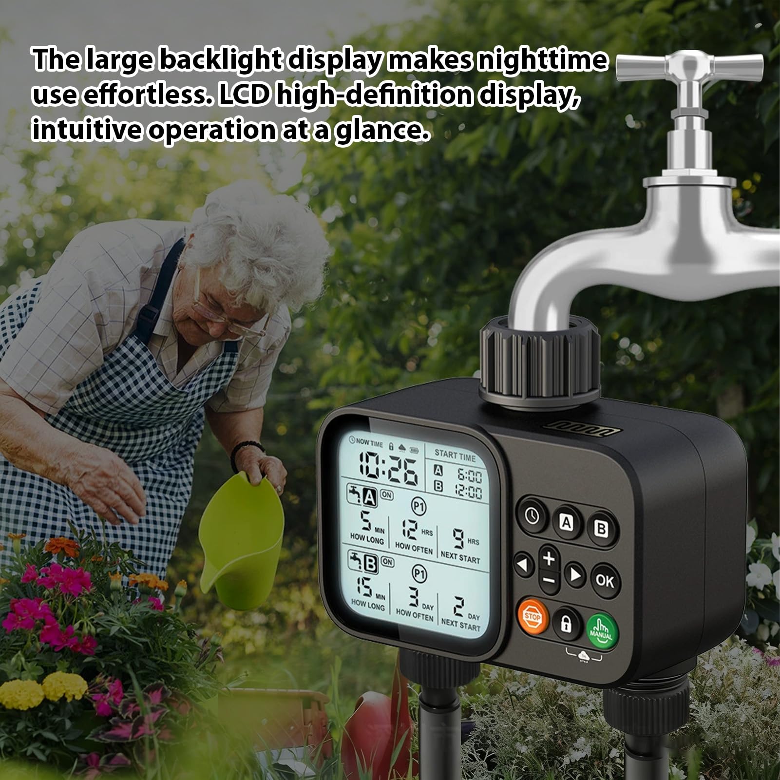 Temporizador Aspersor 2 Zonas, 8 Configuraciones Programables, Retardo Automático Lluvia, Temporizador Riego Manguera Jardín para Césped, Invernadero, Control Riego