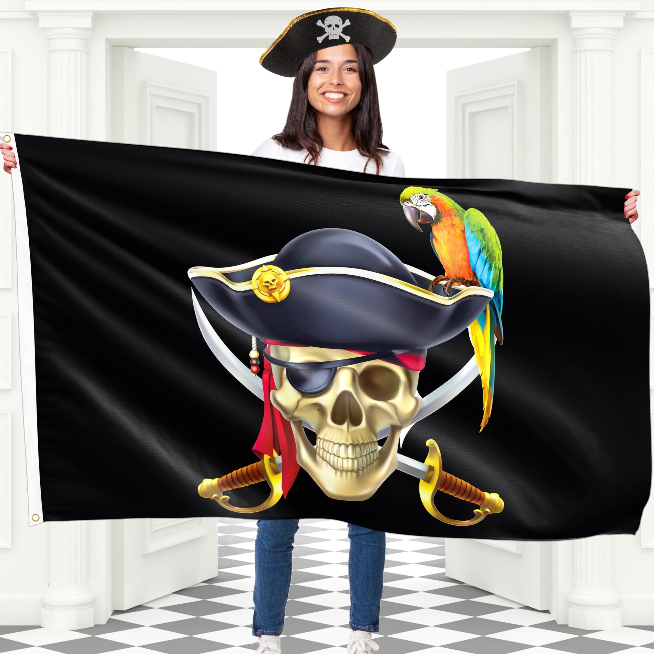 Pirate Flag – Jolly Roger Flag – 100Den polyester - Double Seam - 2 brass eyelets, large 5ft x 3ft