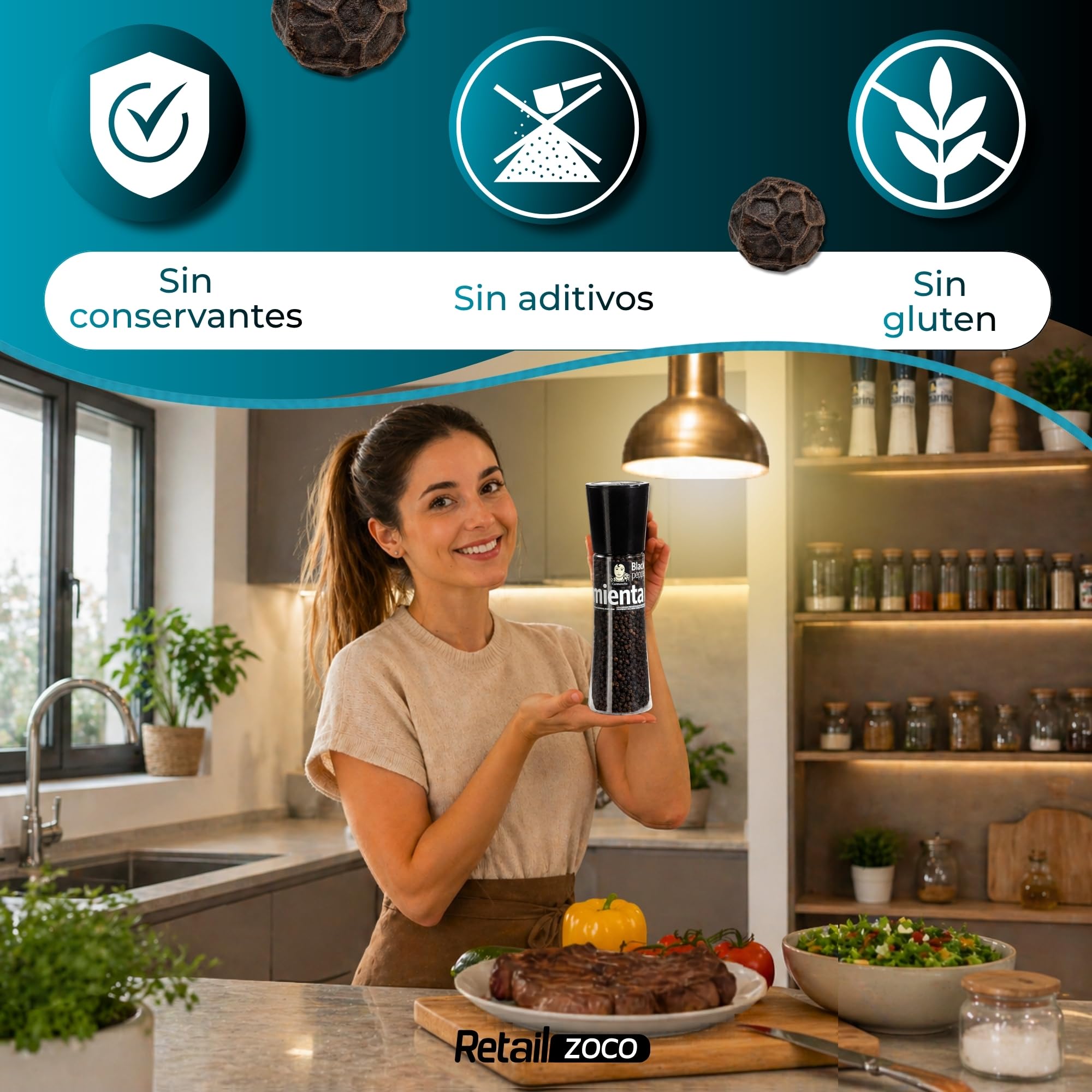 Pimienta Negra Carmencita en grano, Formato molinillo gigante, Para moler al momento y potenciar el sabor debplatos con un toque aromático, cálido y ligeramente picante, Contiene 2 unidades de 190 g