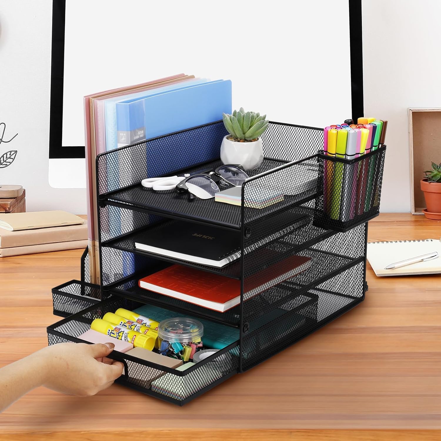 per documenti A4,3 livelli di ripiani portadocumenti,1 organizer per minuteria e 1 portapenne,organizer con vani portaoggetti in rete da scrivania con portadocumenti per forniture per ufficio