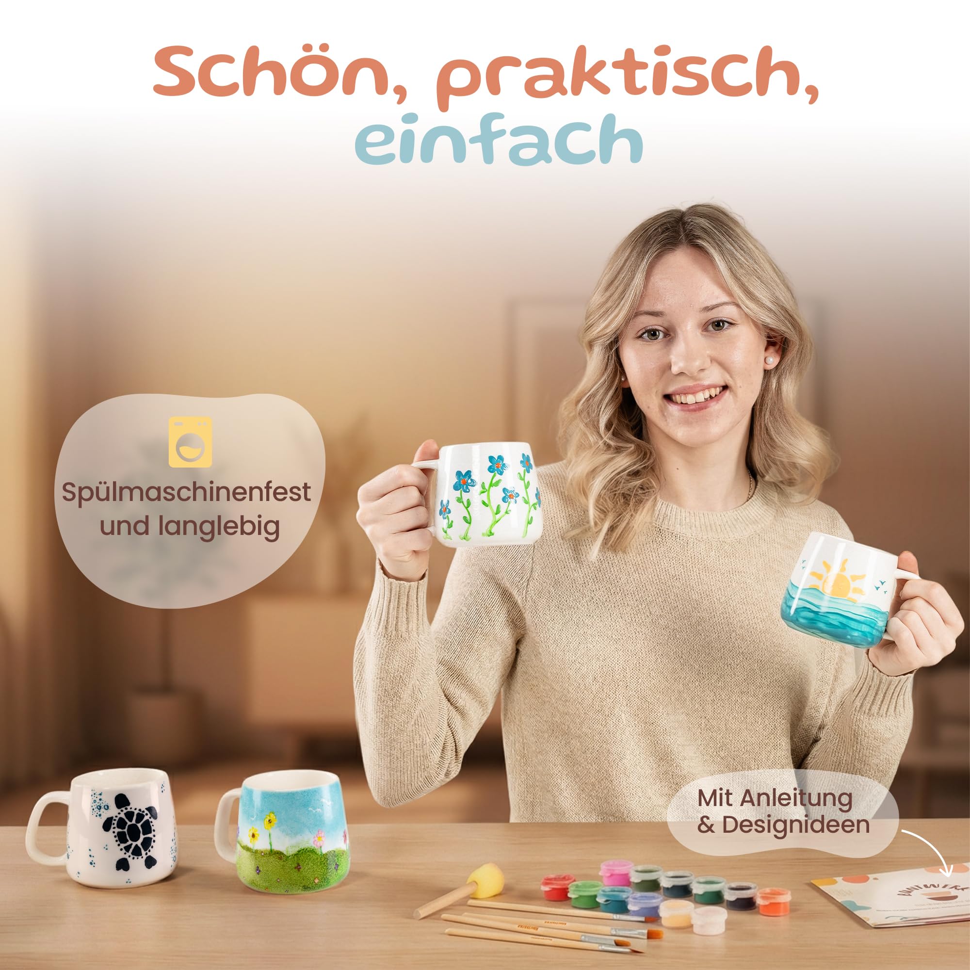 Generisch Keramik Bemalen Set – DIY Keramik Selbst Bemalen Set für Zuhause – Tassen Bemalen Set mit leuchtenden Farben & Keramikpinseln – Kreatives Ceramic Painting Set für Erwachsene & Kinder