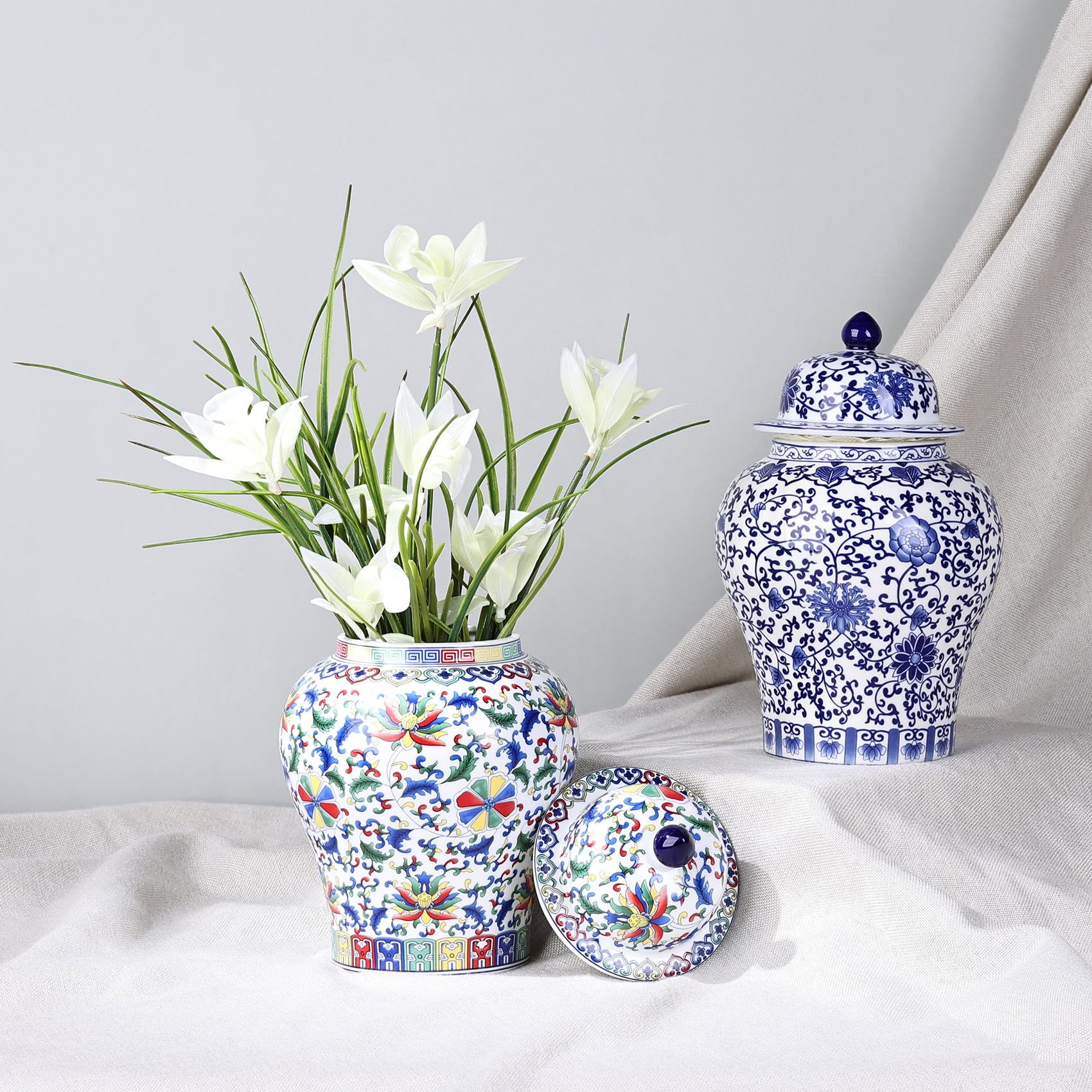 Chinoiserie - Barattolo di zenzero in porcellana blu e bianca, vaso in ceramica fatto a mano per decorazione della casa, barattolo decorativo in stile classico cinese (loto)