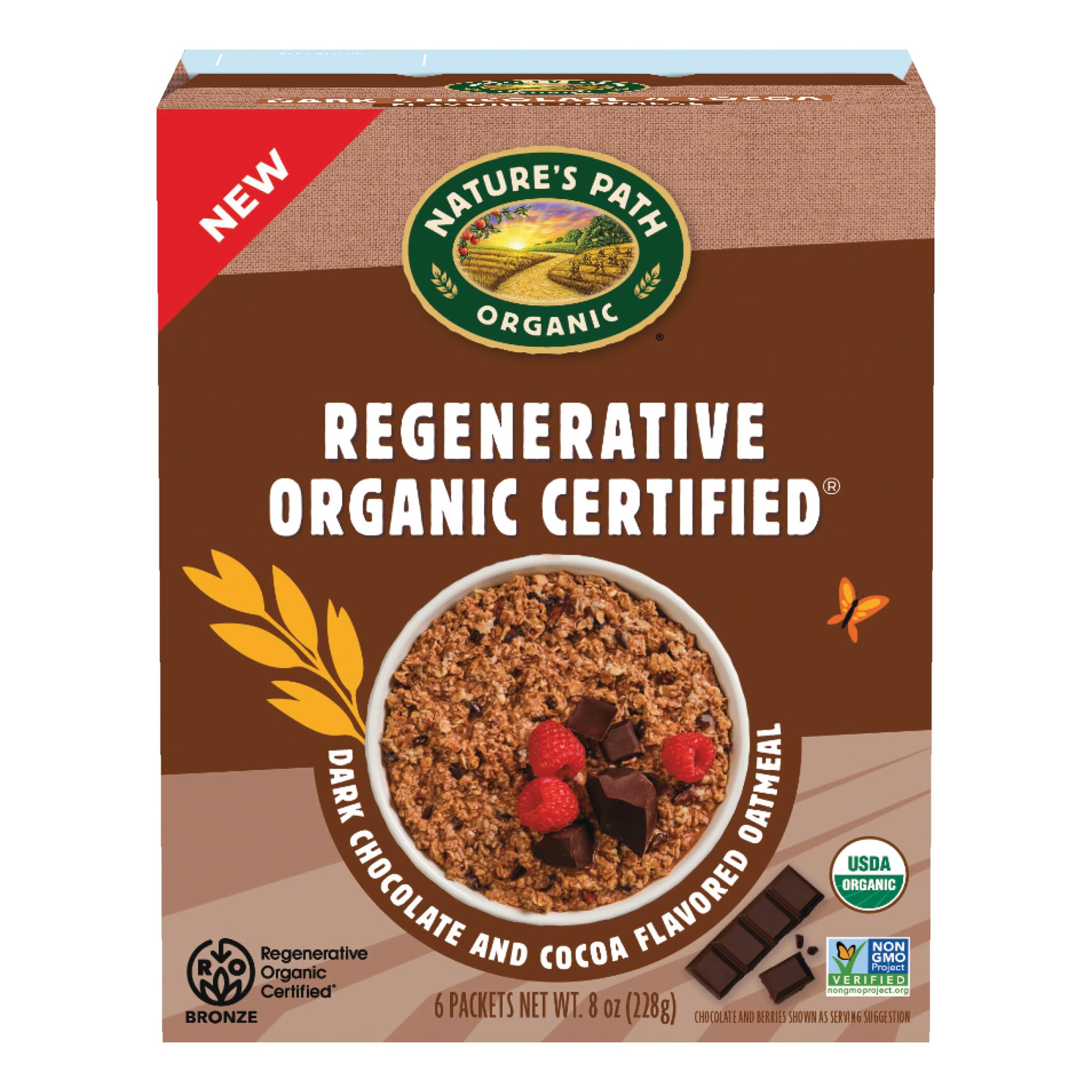 Nature's Path Organic Regenerative Organic Certified Dark Chocolate & Cocoa Instant Oatmeal, 8 oz (Pack of 1), Non-GMO, Fair Trade