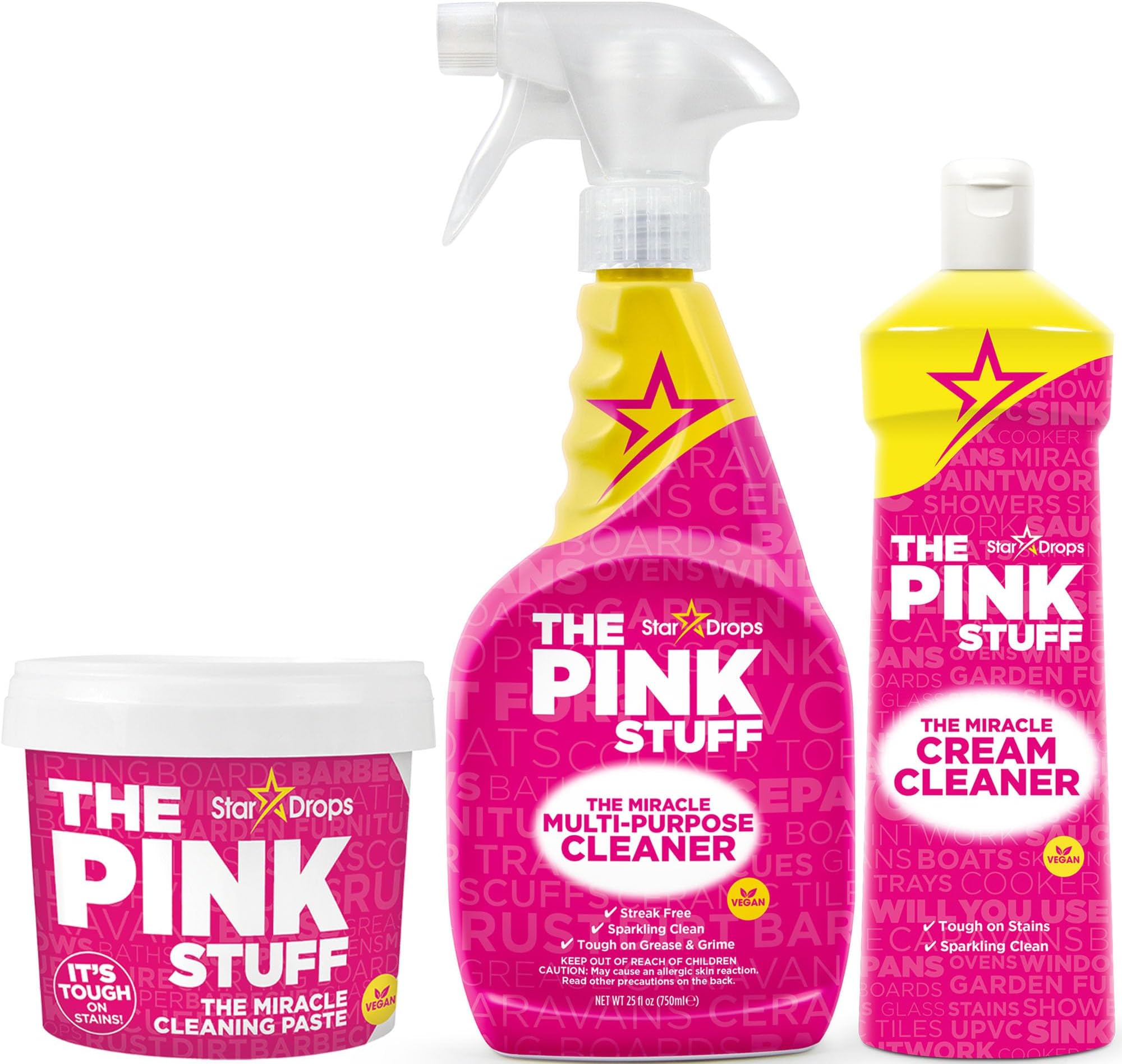 The Pink Stuff Miracle Cleaning Bundle – Multi-Purpose Paste, Spray & Cream Cleaner (3-Pack) – Tough on Stains, Gentle on Surfaces