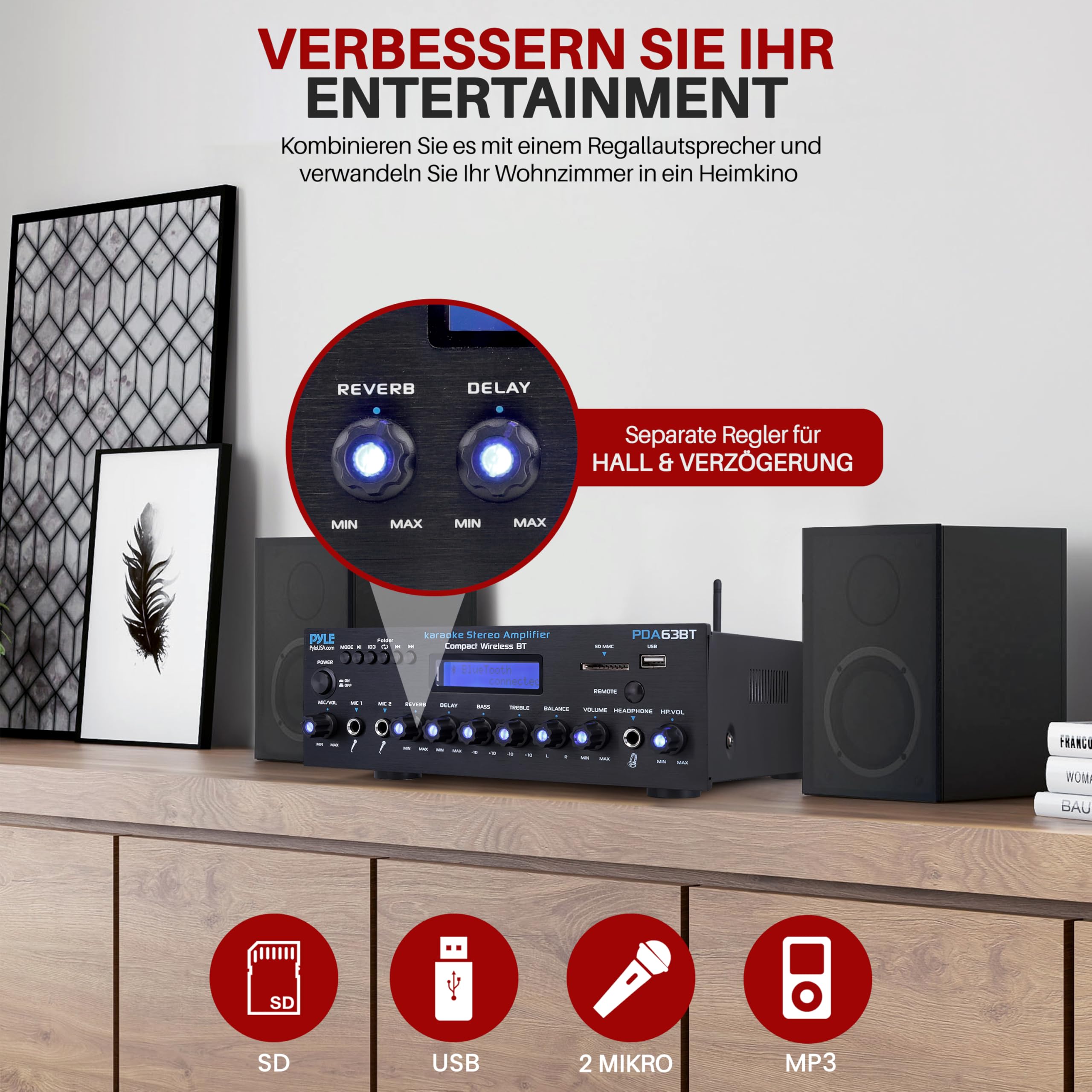 Pyle Verstärker 200W Bluetooth Receiver 2 Kanal Stereo mit FM Radio USB/SD AUX RCA Mikrofon Eingänge Bass Höhenregelung Karaoke
