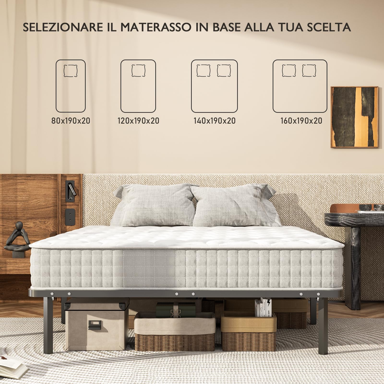 Materasso Matrimoniale 160x190cm Con Rete Ortopedica - Molle E Schiuma Alto 25cm, Piedi In Metallo 35cm - Foto 14