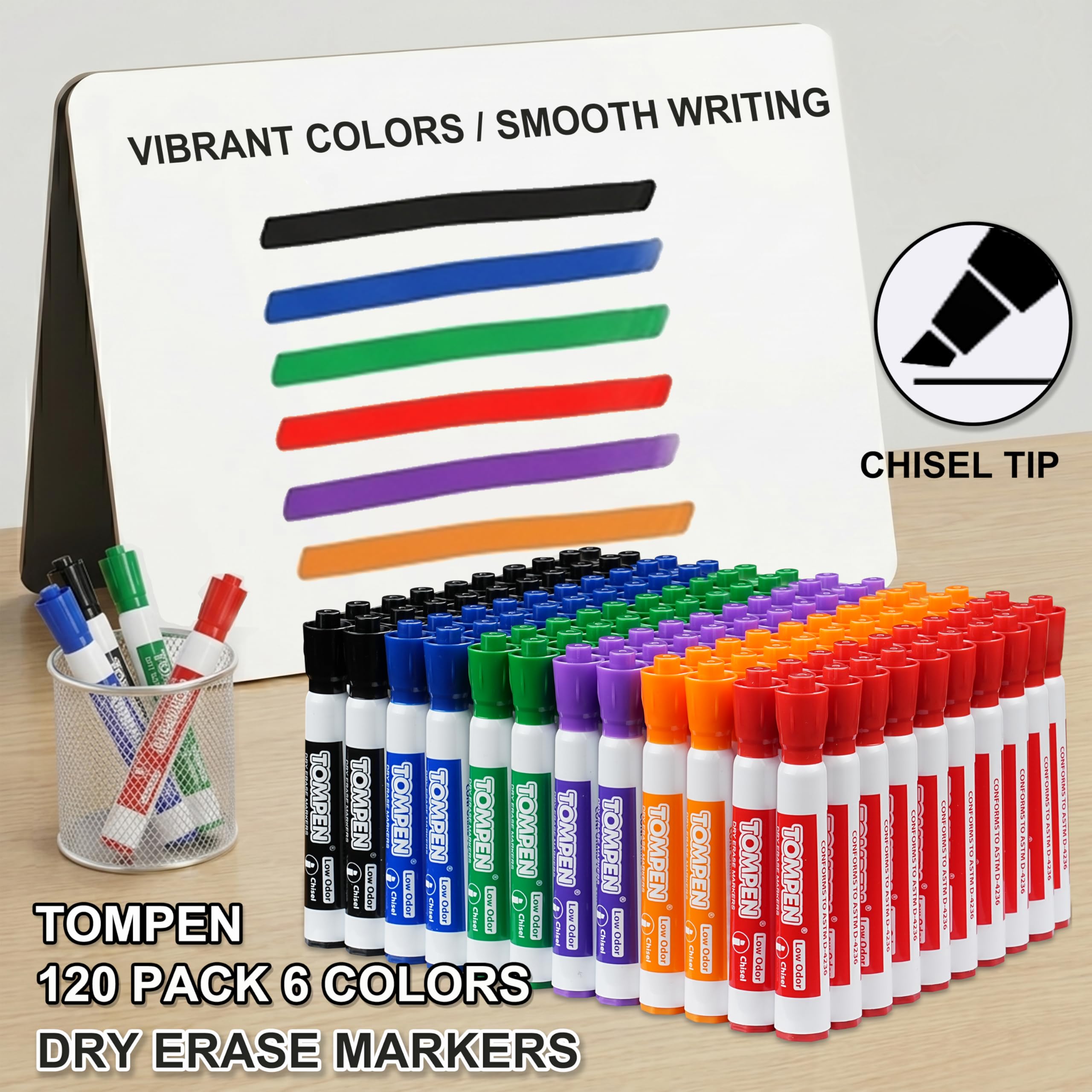 Whiteboard-Marker, trocken abwischbar, 120 Stück, 6 verschiedene Farben, Keilspitze, Whiteboard-Marker für Erwachsene, Lehrer, Geschenke, ungiftig, geruchsarm, Großpackung für Klassenzimmer