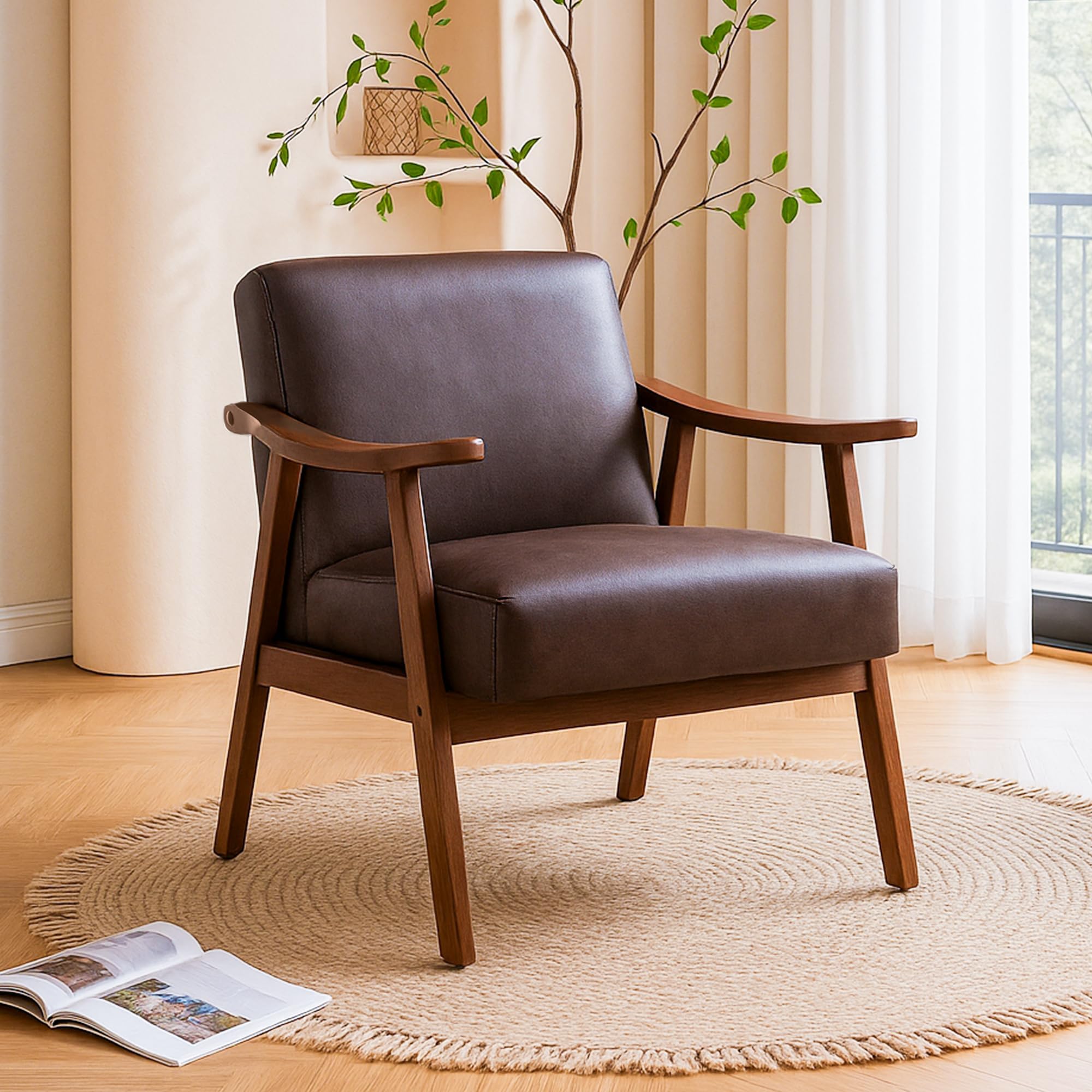 Container Furniture Direct Accent Chair with Microfiber Upholstery and Solid Wood Frame, Classic Mid-Century Modern Living Room Furniture for Extra Seating, Dark Brown