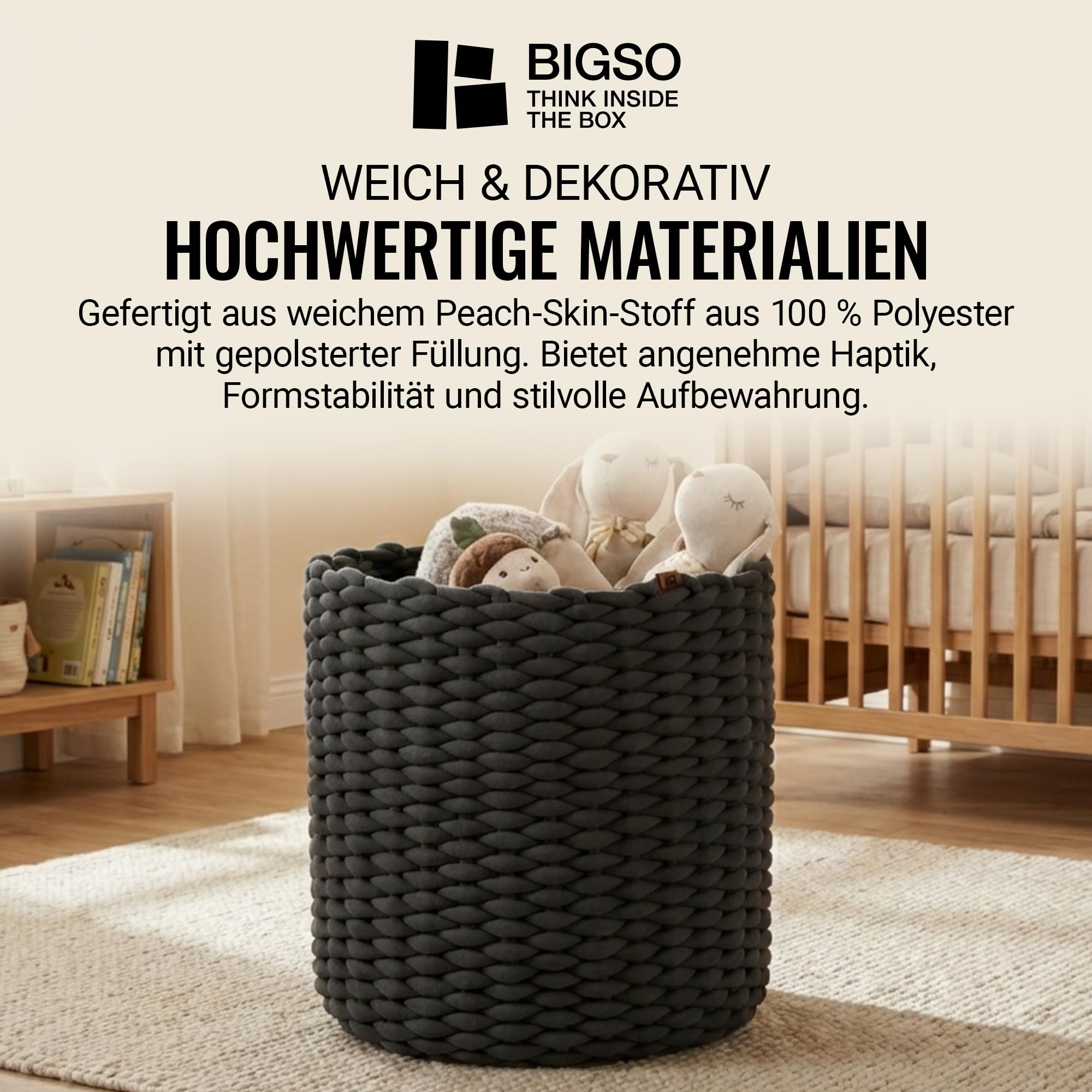 Bigso runder Aufbewahrungskorb aus weichem Stoff, geflochtener Storage Basket, super soft Oberfläche, großer Ordnungshelfer für Wohnzimmer, Schlafzimmer & Kinderzimmer, Größe XL, Grau