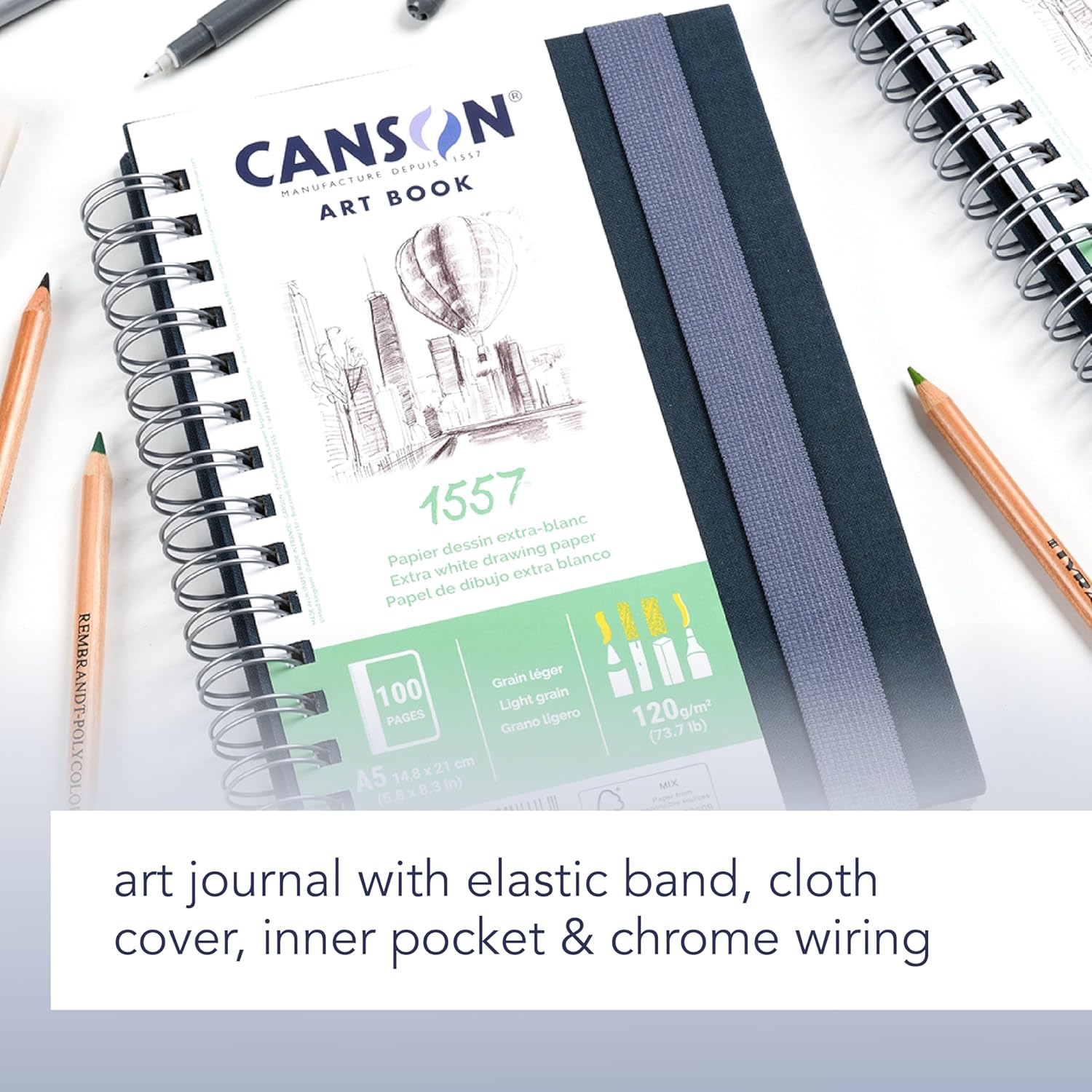 Canson 1557 Sketch Art Book, 5.8x8.3 inches, 50 Sheets, Blue Cloth Hardcover, Side Wire - Professional Artist Notebook for Sketching, Drawing