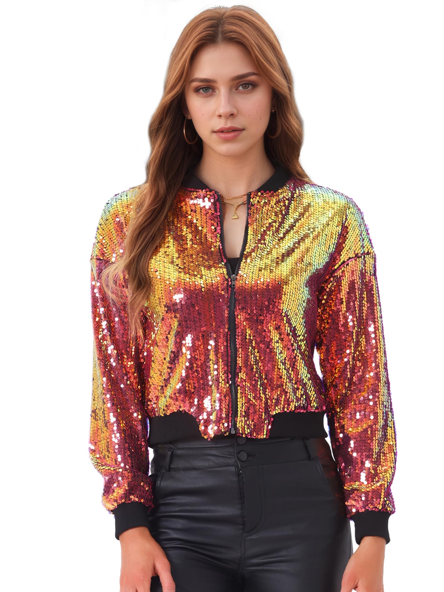Allegra K Damen Glitzer Jacke Bomberjacke Pailletten Bomber Jacke Langarm Party Club Metallic Sequin Jacken