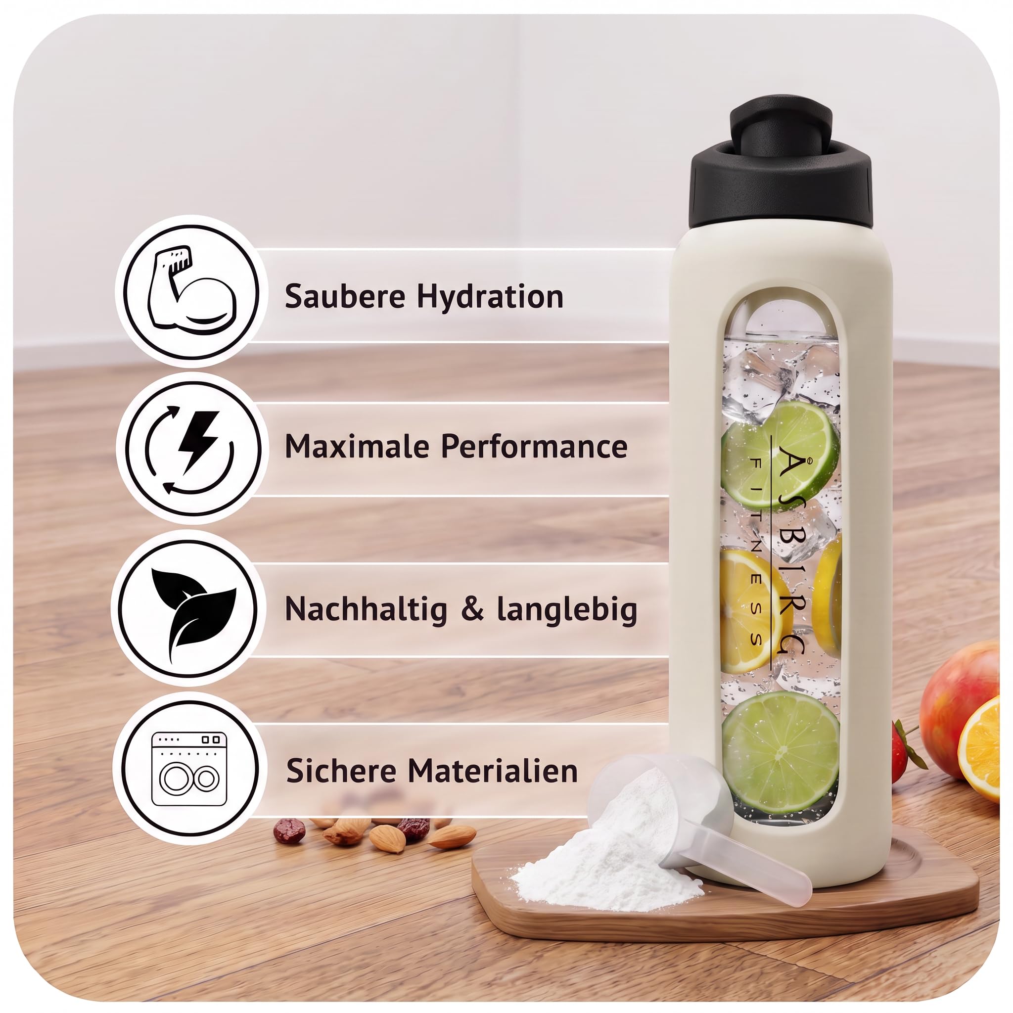 Fitness - 3er Bundle Proteinshaker aus Glas – Schwarz, Pastellgrün & Beige – BPA-frei, geschmacksneutral - mit Spiralball