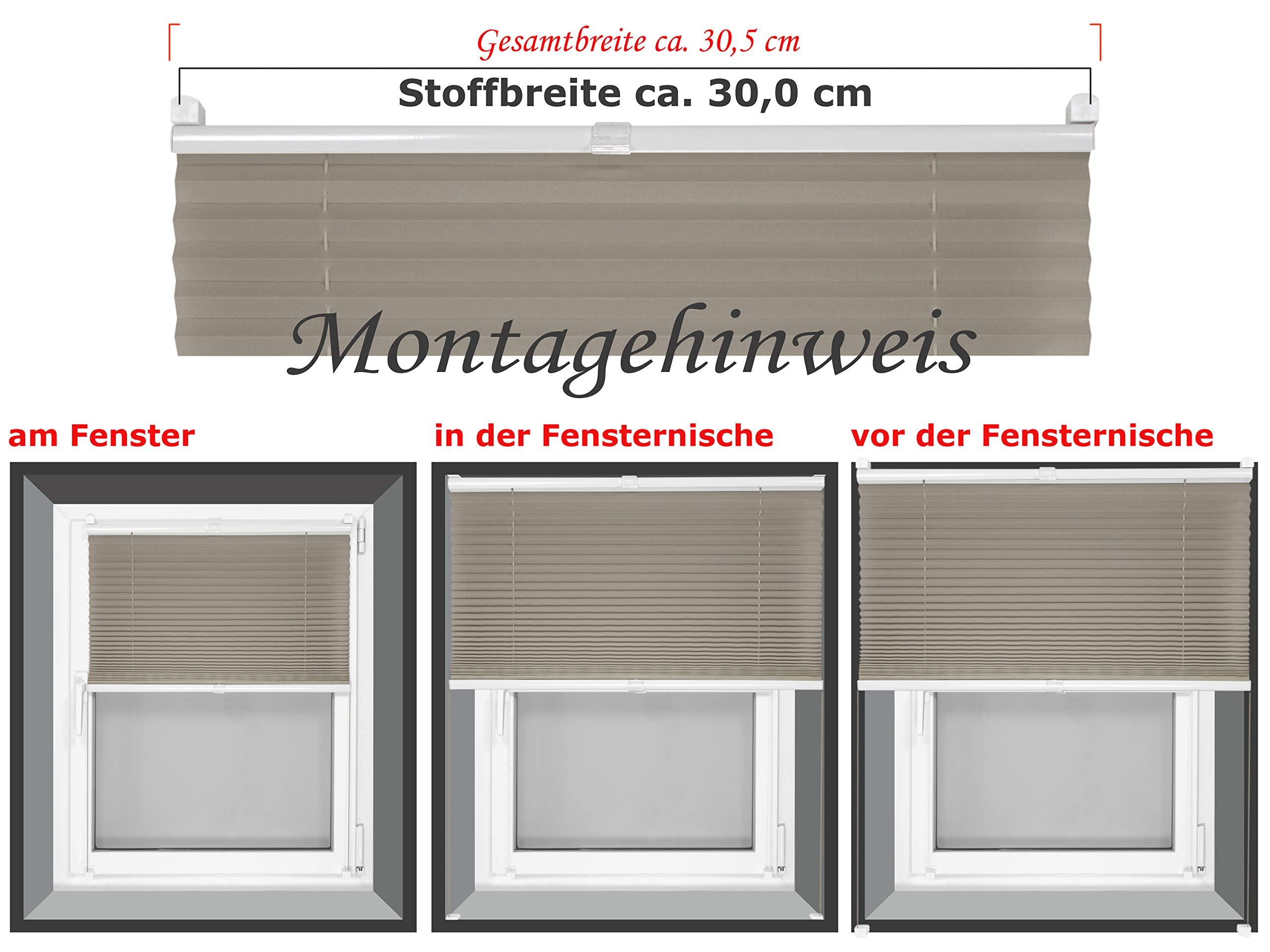 npluseins Plisa - wstępnie zmontowana i z mocowaniem zaciskowym na ramie okna - dziecinnie prosty montaż 3-stopniowy, ok. 30 x 130 cm, szara