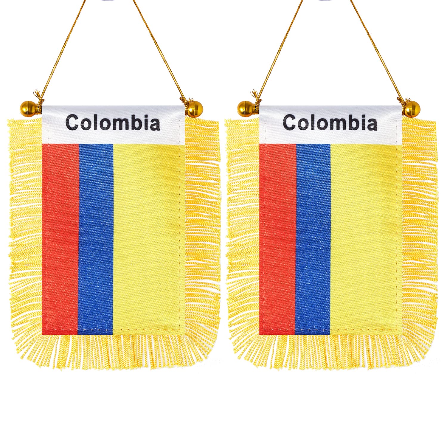 CANTENDO 2 Pack Colombia Window Hanging Flag,Mini Colombian Car Flag with Pole Tassel Suction Cup Rearview Mirror Decoration(3x5 Inch)